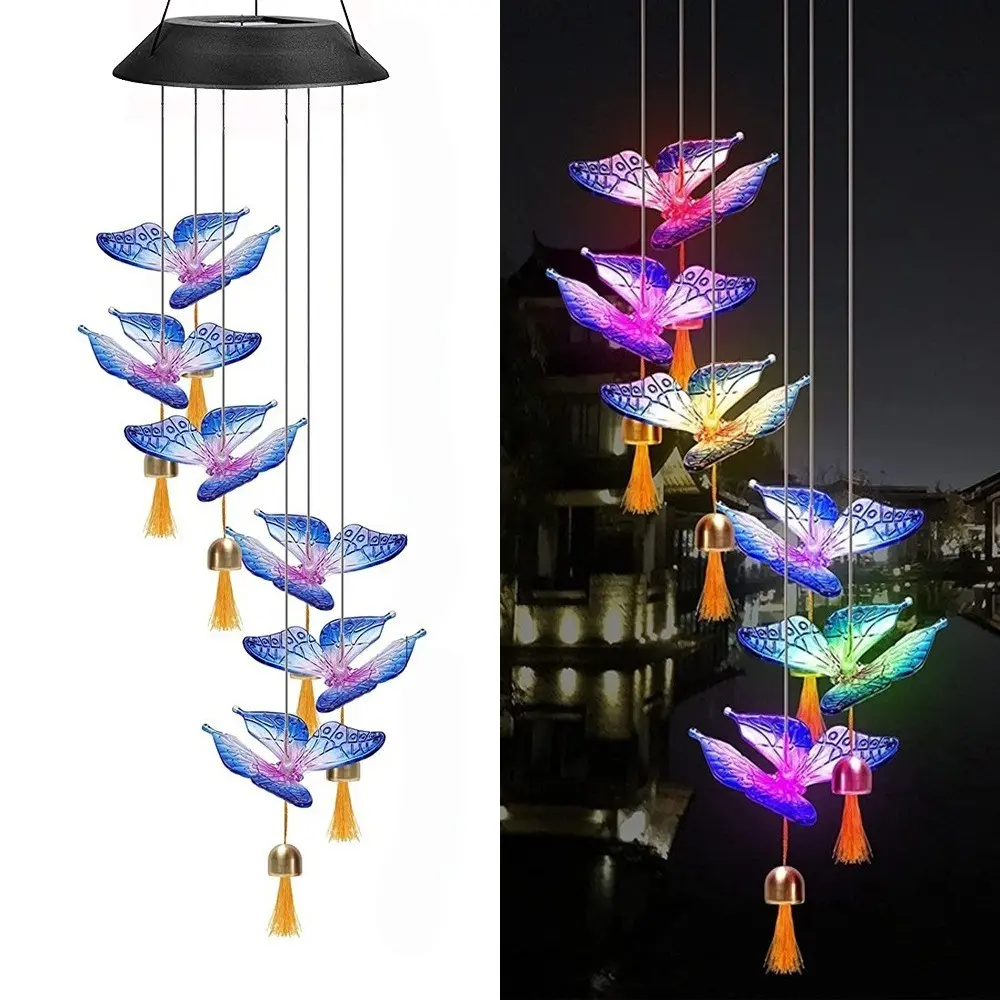 Upgraded Solar Wind Chime Lights, Metal Bell Design RGB Color Flashing LED Hummingbird Butterfly Hanging Lamp, Weatherproof Outdoor Decor Light, Solar Wind Chimes For Outside, for Garden Patio Backyard Wedding Party