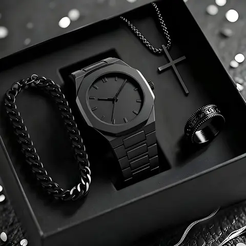 Men's Luxury Minimalist Quartz Watch Set, Includes Bracelet, Ring, Cross Necklace, Perfect Gift for Him, 4-Piece Fashion Accessory Kit, Jewelry Sets