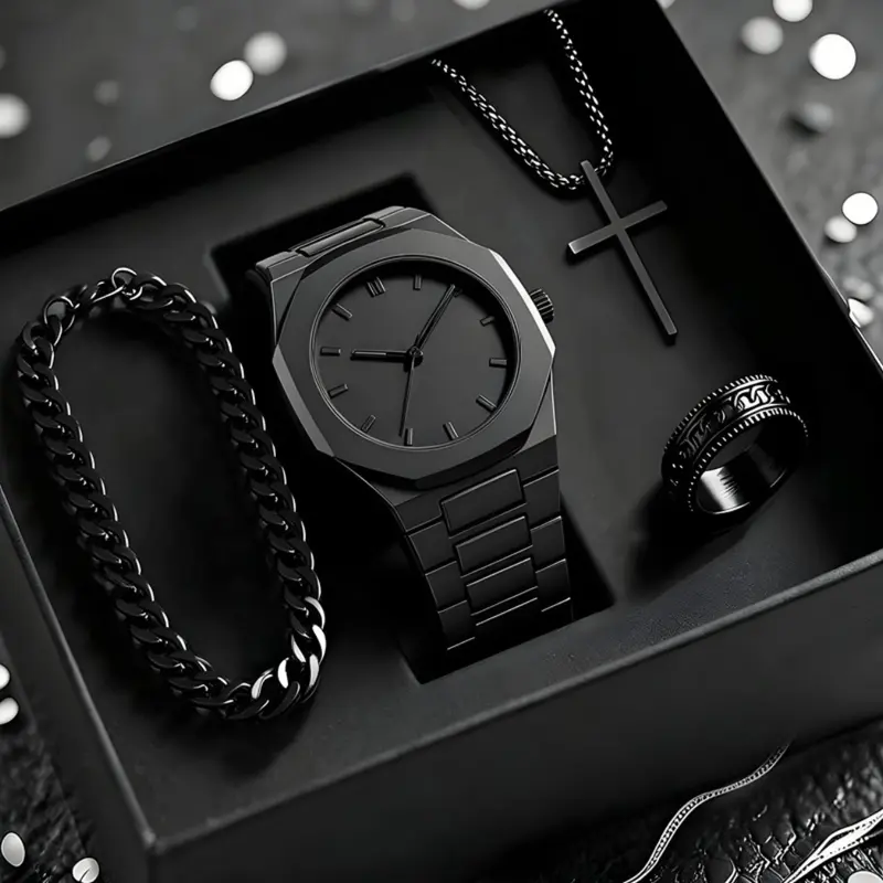 Men's Luxury Minimalist Quartz Watch Set, Includes Bracelet, Ring, Cross Necklace, Perfect Gift for Him, 4-Piece Fashion Accessory Kit, Jewelry Sets