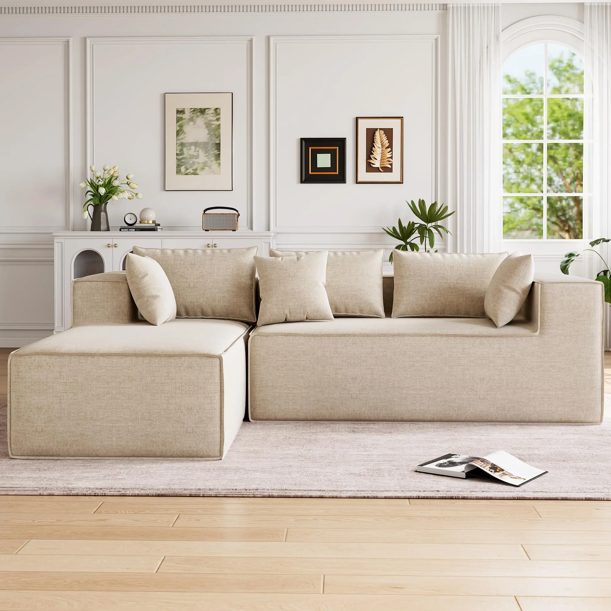 Garvee Modular Sectional Couch for Living Room, Modern Beige Polyester Upholstered L-Shaped Sofa with High Density Foam and Pillows, Corner Sofa for Bedroom, No Assembly Needed