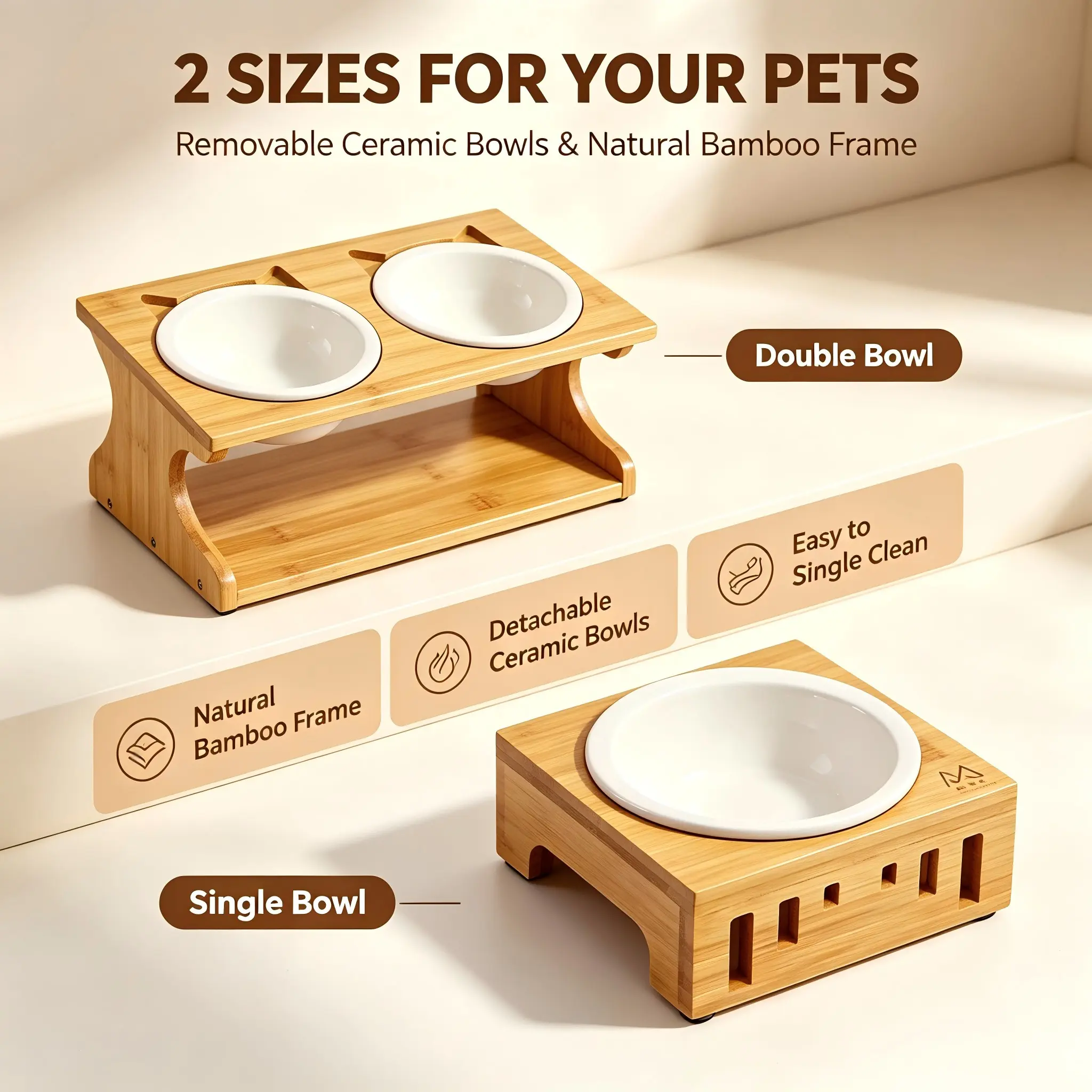 Flat Elevated Bamboo Cat Feeder with 2 Ceramic Bowls, Stable Cat Food Water Bowl Stand, Non-Slip Pet Feeding Station, Anti-Chin Acne Ceramic Dish for Kitten Adult Cats Small Dogs, Natural Wood Cat Dish Holder for Multi-Pet Family
