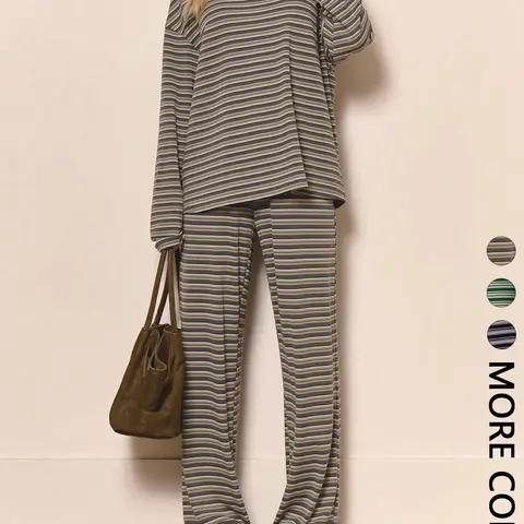 Women's 2-Piece Set Casual Pantsuit Striped Polo Neck Long Sleeve Top and Wide Leg Pants, Loose-Fit Fashion, Comfortable and Stylish