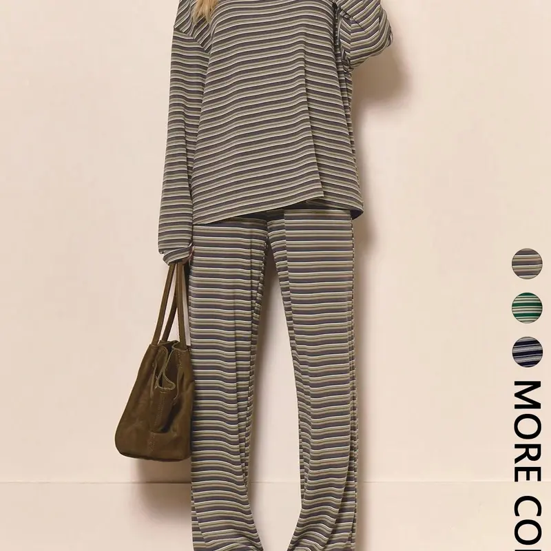 Women's 2-Piece Set Casual Pantsuit Striped Polo Neck Long Sleeve Top and Wide Leg Pants, Loose-Fit Fashion, Comfortable and Stylish
