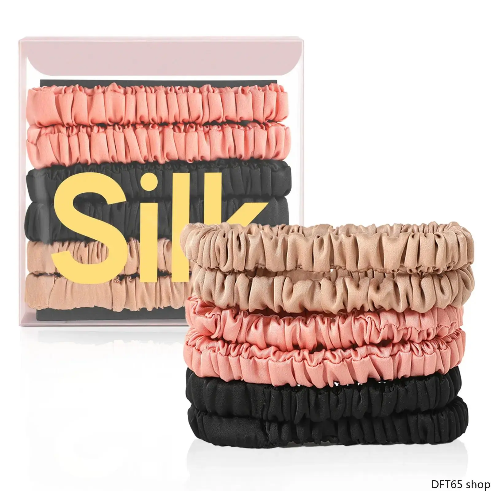 Women's Thin Skinny Silk Synthetic Elastic Band Mini Scrunchies - Smooth, Anti-Frizz, Gentle, Tangle-Free, No-Damage, Soft, Delicate Everyday Hair Accessory for Thin Hair, Black&Brown (DIY Bag Accessory)
