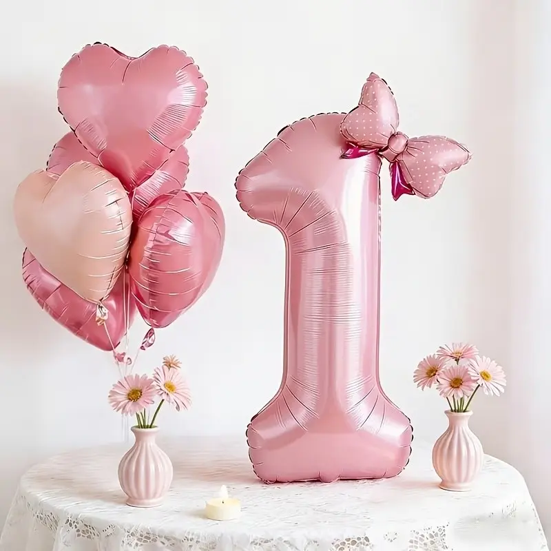 10-Piece Pink Aluminum Foil Balloon Set, Balloon Decorations (5 heart-shaped balloons + 1 number balloon + 1 bow + 1 ribbon + 1 straw + 1 adhesive dot), perfect for bridal showers, weddings, birthdays