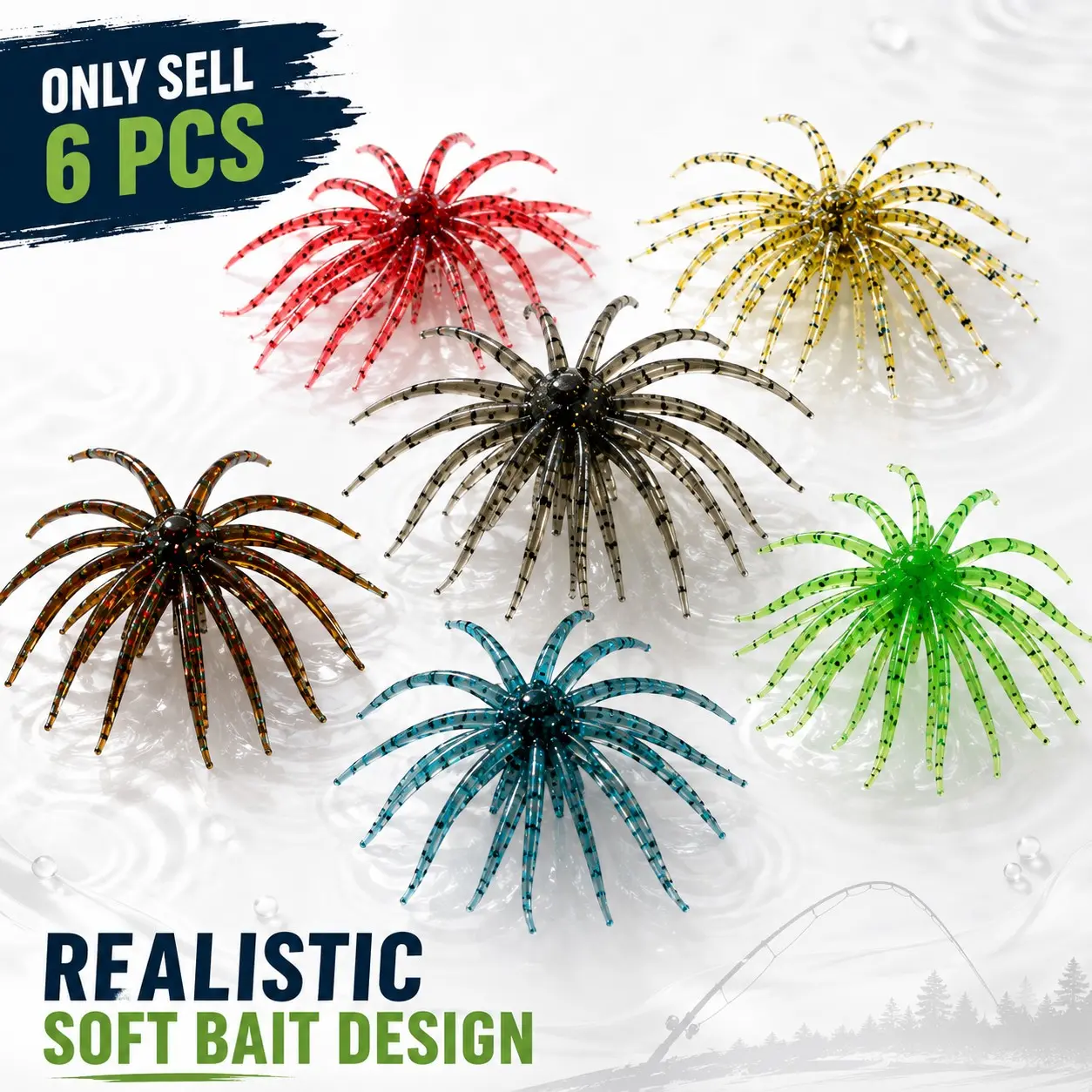 6 PCS Sea Urchin Soft Bait, Realistic Sea Urchin Fishing Lures with Floating Biomimetic Design and Lifelike Texture, Artificial Baits for Bass, Trout, Crappie, Pond, Lake and Saltwater Fishing