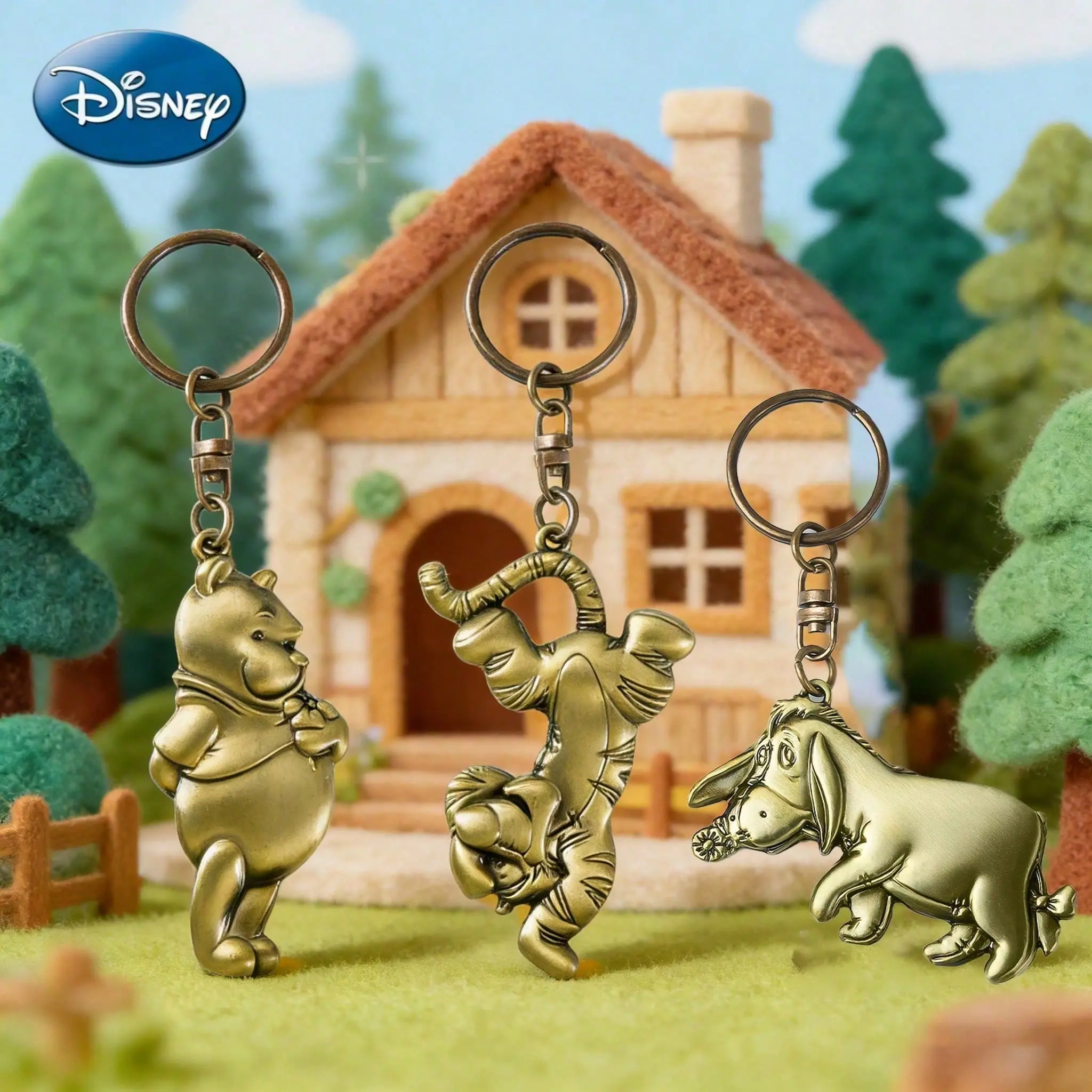 1PC Disney Brass Keyring Collection Classic Winnie the Pooh Tiger Eeyore Fingrine Vintage 3D Character Keychains for Bag Charms and Home Decor