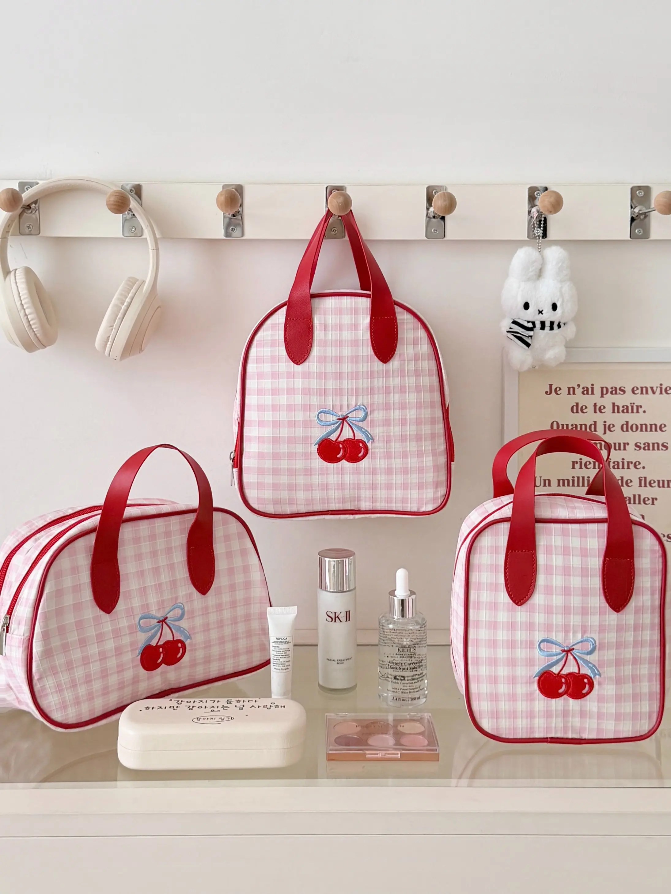 Sweet Cherry Handbag Makeup Bag, Large Capacity Skincare Organizer, Partition Design, Portable Travel Wash Bag, Brush Slot Included