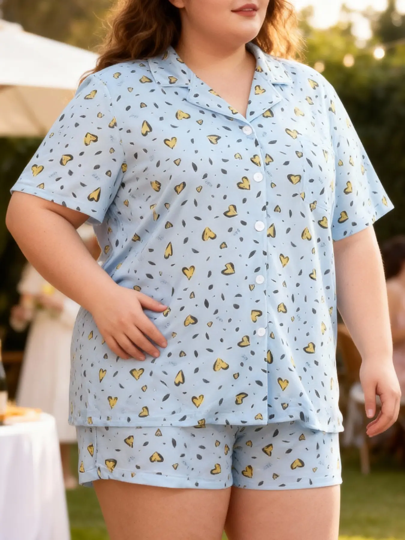 Women's Plus Size Matching Pajama Set, Loungewear, Casual Loose-Fit Short Sleeve Top & Shorts, Romantic Heart Print, All-Season Home Wear