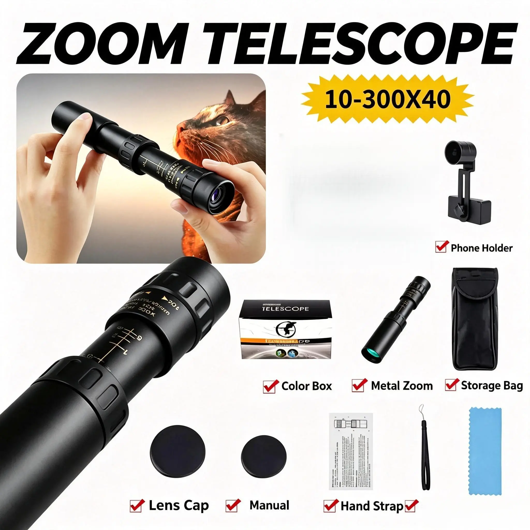 Telescopic Monocular, 10-300x40mm High Power Zoom, Compact and Retractable Handheld Scope for Hiking, Camping, Bird Watching, 10-300X40mm Zoom, Hiking Adventures