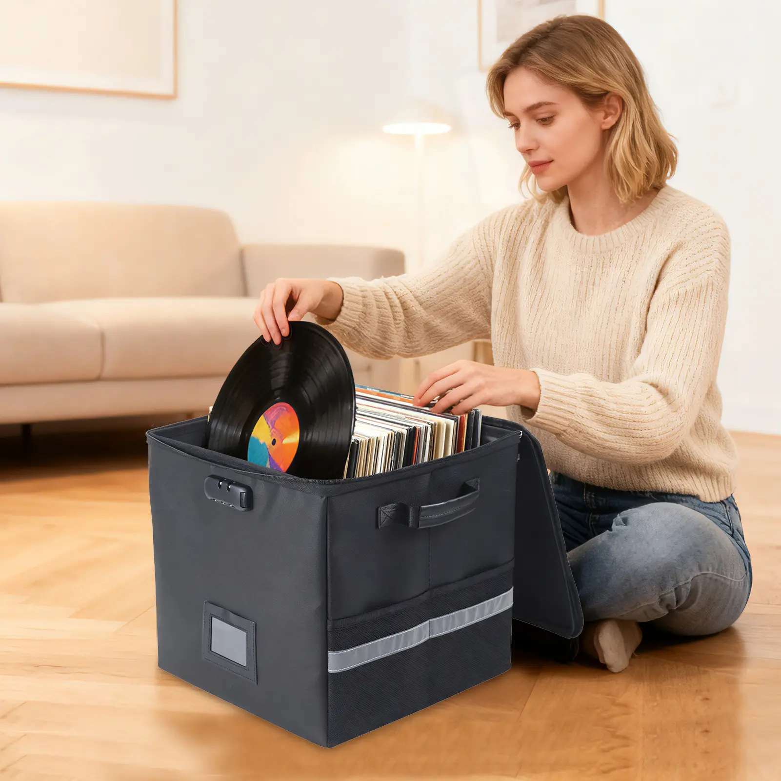 Fireproof Waterproof Lockable Storage Box, Collapsible Portable Organizer for Vinyl Records & Documents with Handles Zipper Pockets, 2 Pack for Home Office