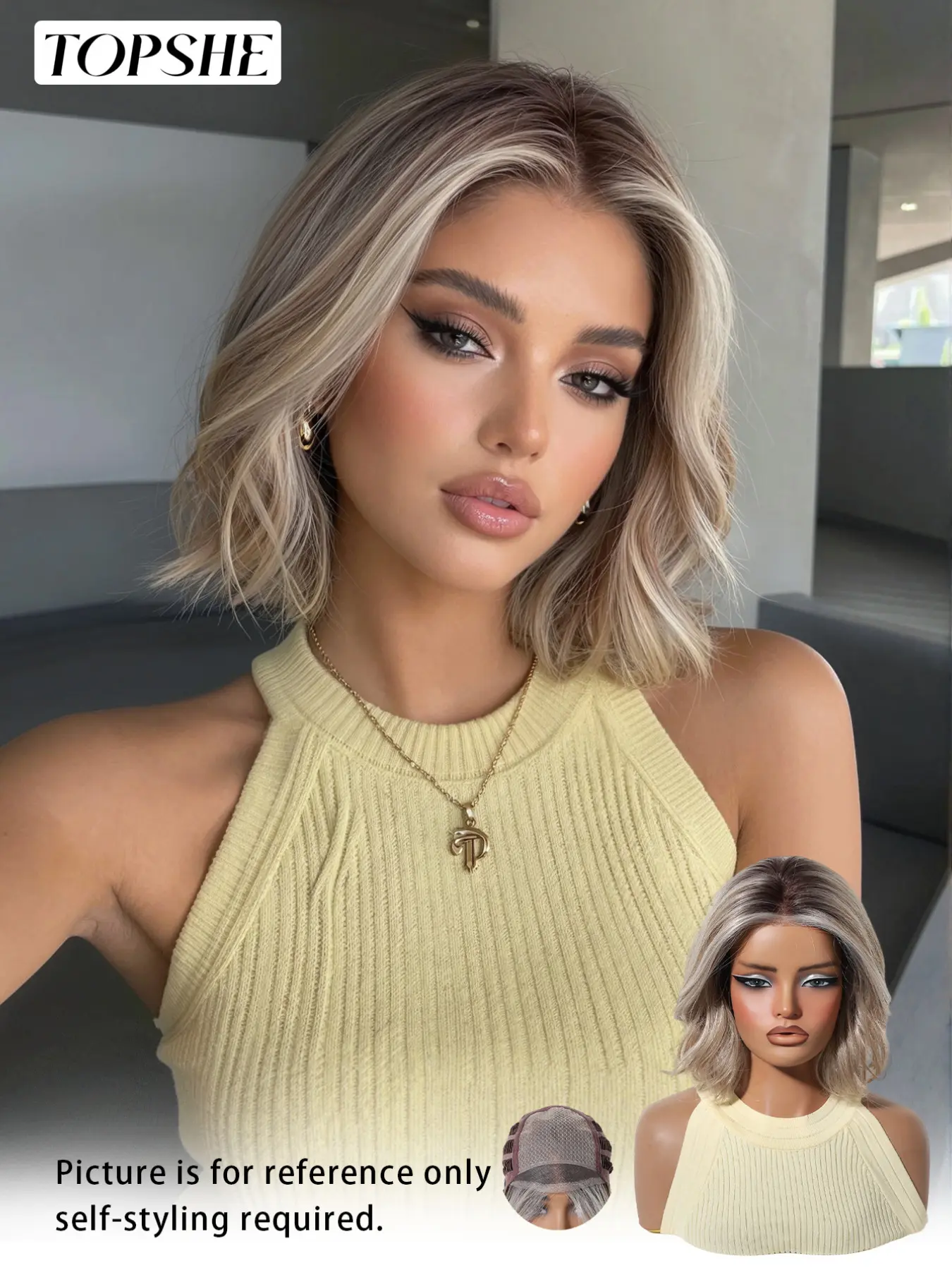 Topshe Hand Tied Mono Top Short Bob Synthetic Wig, Dark Root Cream Blonde Money Piece Highlight Flip Wave Bob, Soft Breathable Mono Inner Cap, Hand Plucked Realistic Scalp, Heat Friendly Wig For Office Vacation Dating Casual