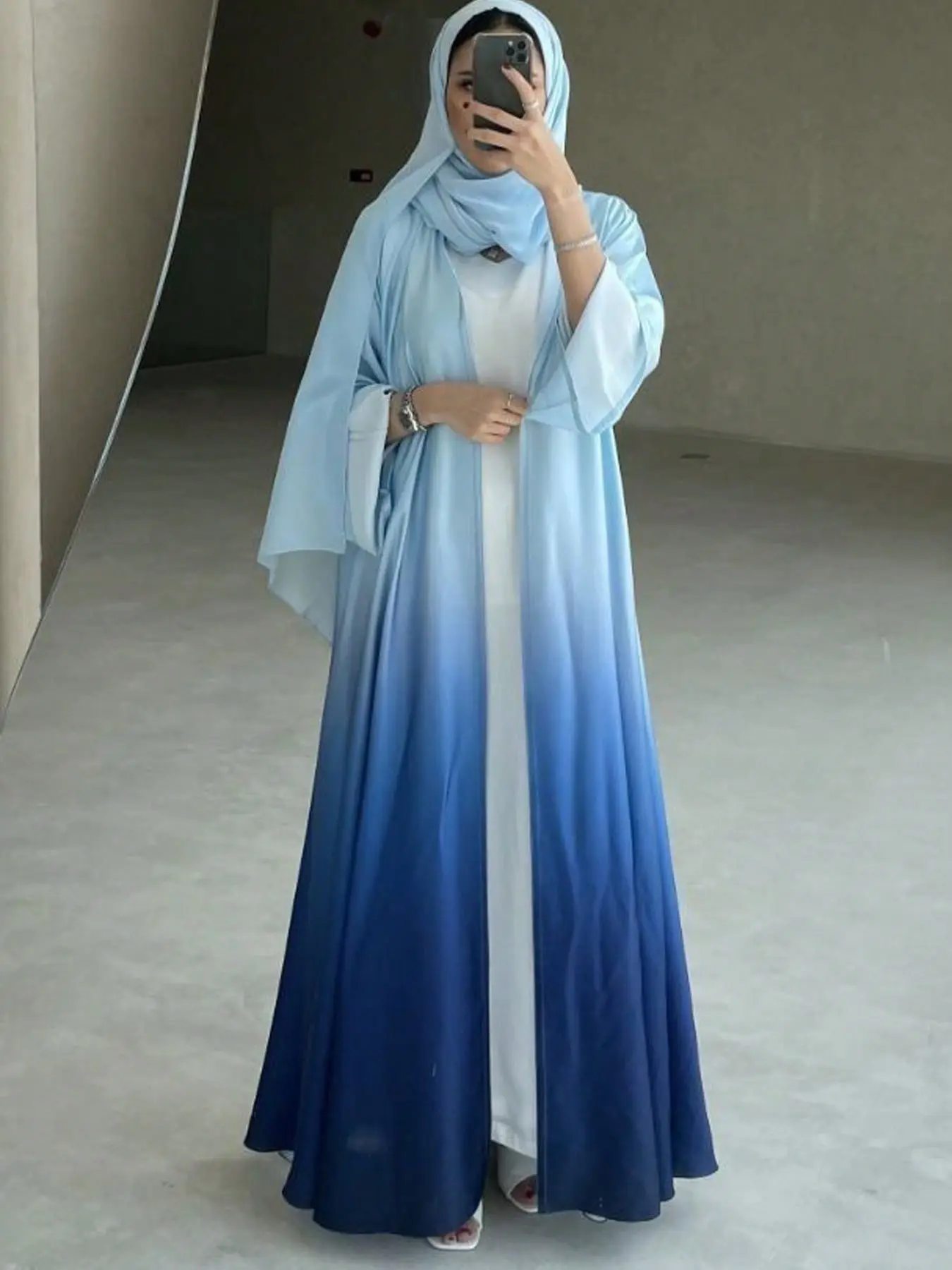 Elegant Light Blue Gradient Abaya Cardigan, Elegant Islamic Clothing, Modest Muslim Long Dress, Islamic Modesty Clothes, Perfect for Spring Summer Daily Wear, Stylish and Comfortable