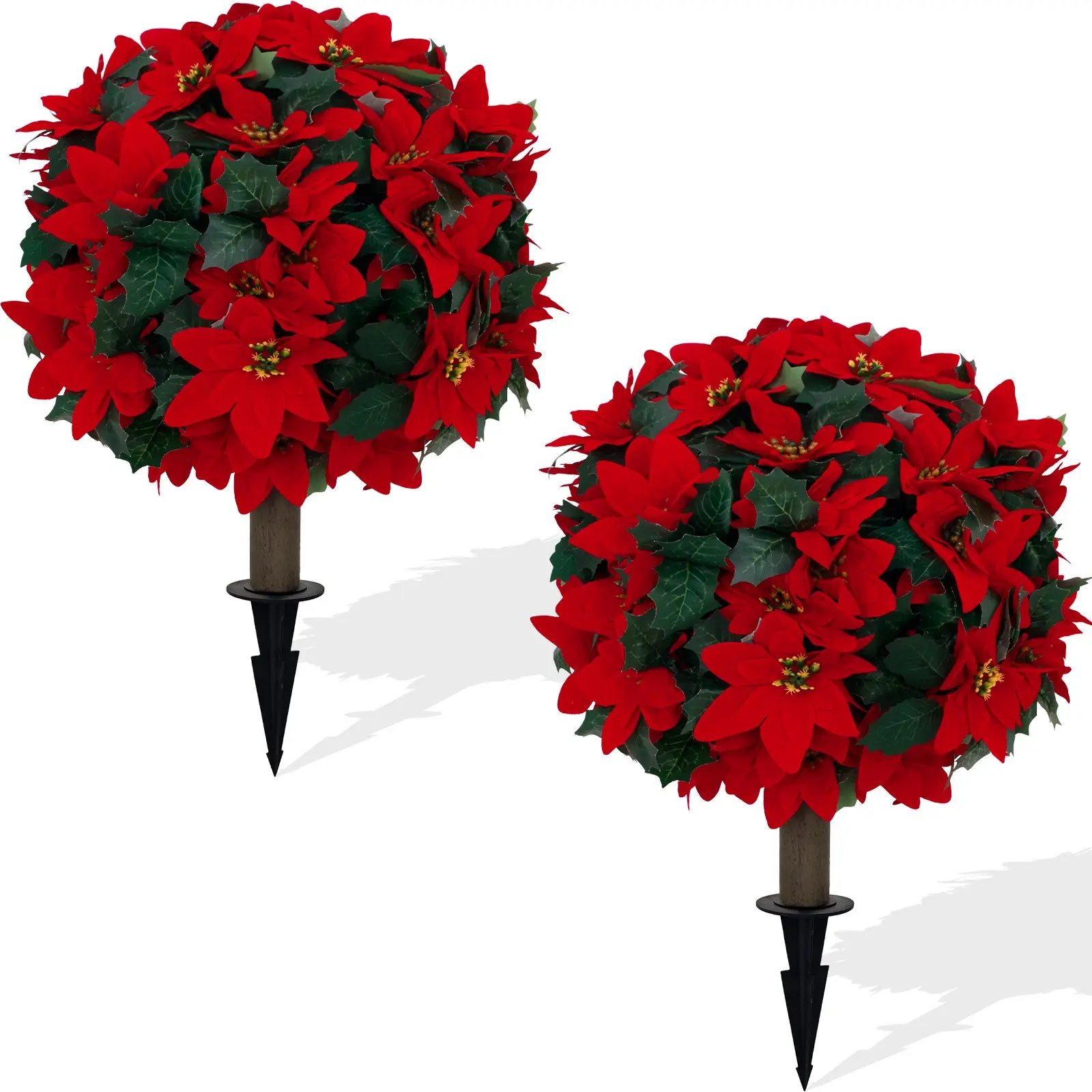 2 Pack Artificial Poinsettia Topiary Tree with Detachable Ground Spike, UV Resistant Weatherproof Poinsettia Shrub, Low Maintenance Decor Plant for Front Door, Garden, Indoor & Outdoor Decor, Plastic Flower Decoration, Floral Decoration