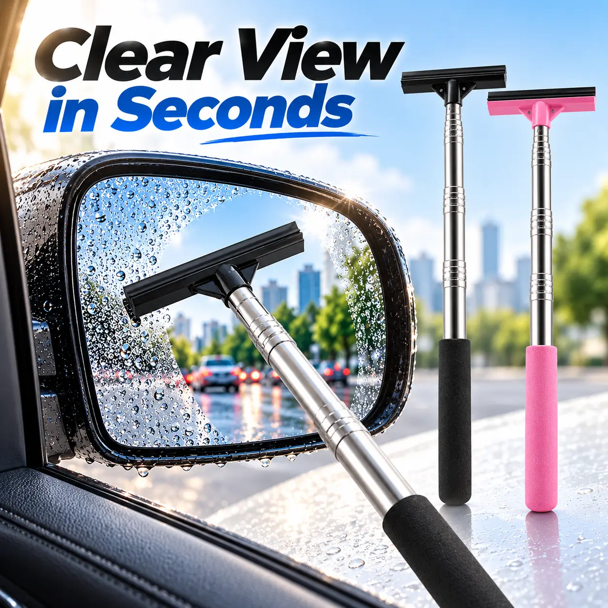 Retractable Car Rearview Mirror Wiper - Long Handle Portable Compact Size Squeegee with Comfortable Grip, Universal Detailing Products, Auto Detailing Supplies, Car Accessories for Rainy Foggy Weather Glass Cleaning-YY2
