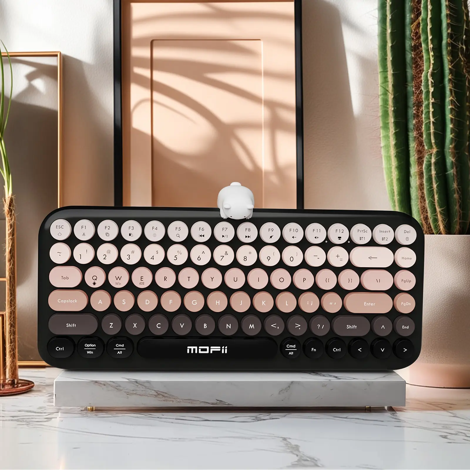 MOFii ANNI Gradient Dual-Mode Wireless Keyboard, Creative Magnetic Bear Decor Retro Round Keycaps 87 Keys Office Keyboard, Compatible with Desktop, Laptop & Tablet