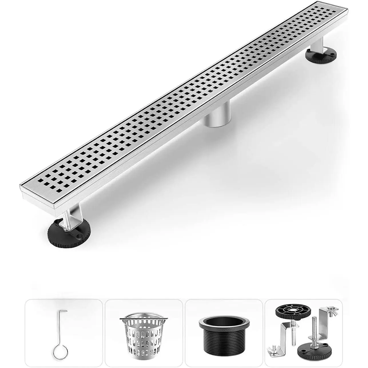 Shower Drain, Linear Shower Drain 24 Inch(Brushed Nickel),Modern 304 Stainless Steel Shower Floor Drain with Grate Removable, Adjustable Leveling Feet, Rectangular Shower Drain