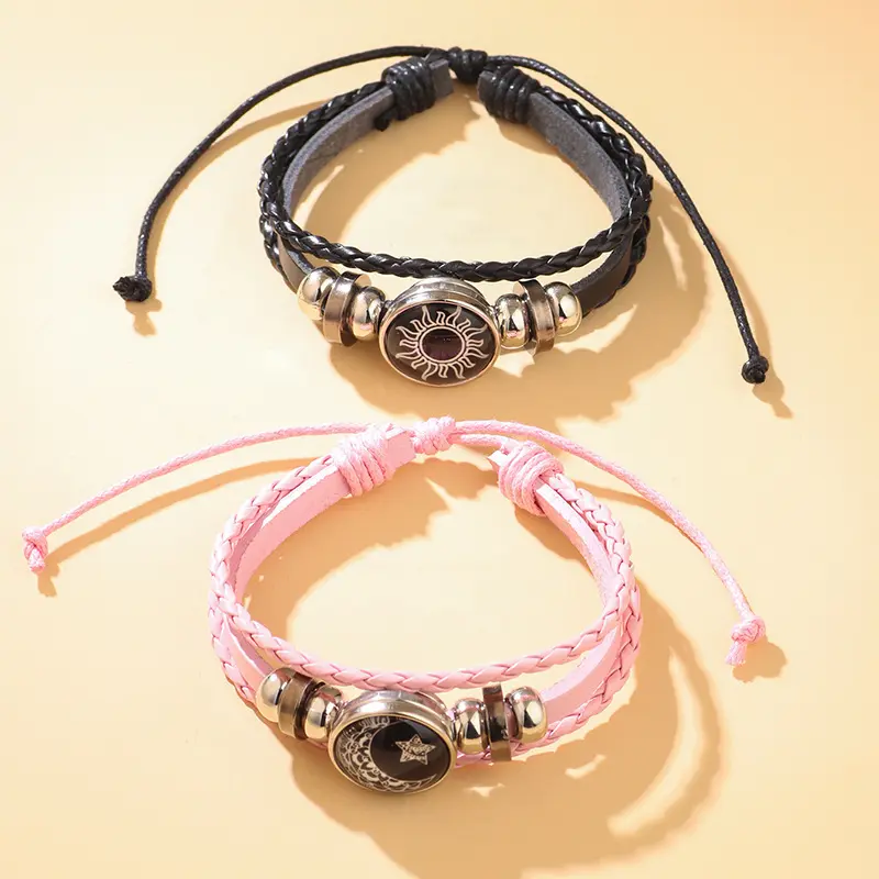 2pcs Luminous Moon and Sun Couple Unisex Vintage Multi-laver Bead Weave Leather keyring gold ankle bracelet metal key ring keychain beautiful chain stainless steel letter pattern neck hiphop portable cross pendant mens rope hip-hop men
