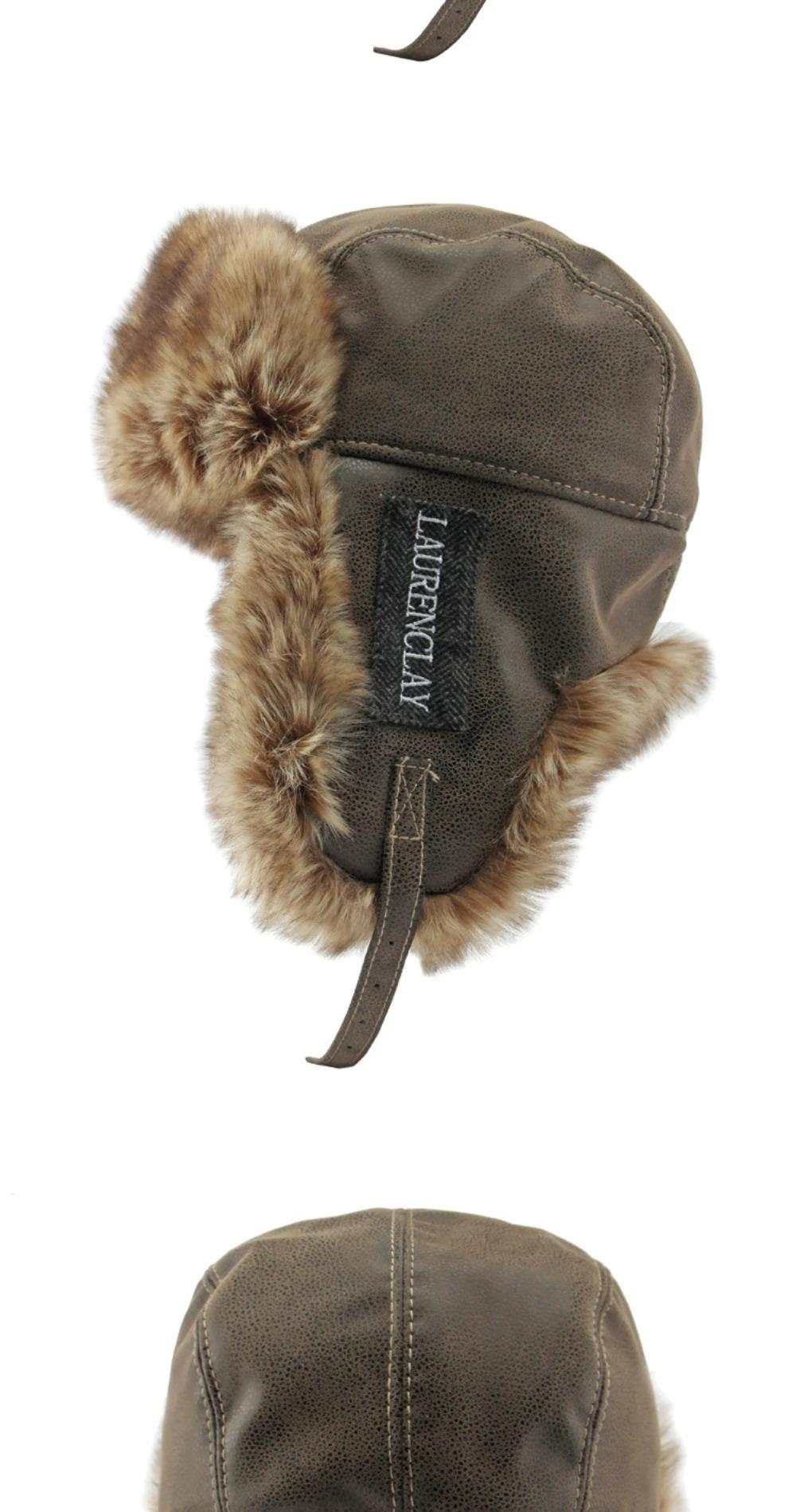 HT4241 Bomber Hat New Thick Warm Men Women Russian Fur Hat Male Windproof PU Leather Ski Trapper Earflap Cap Winter Hat Ushanka