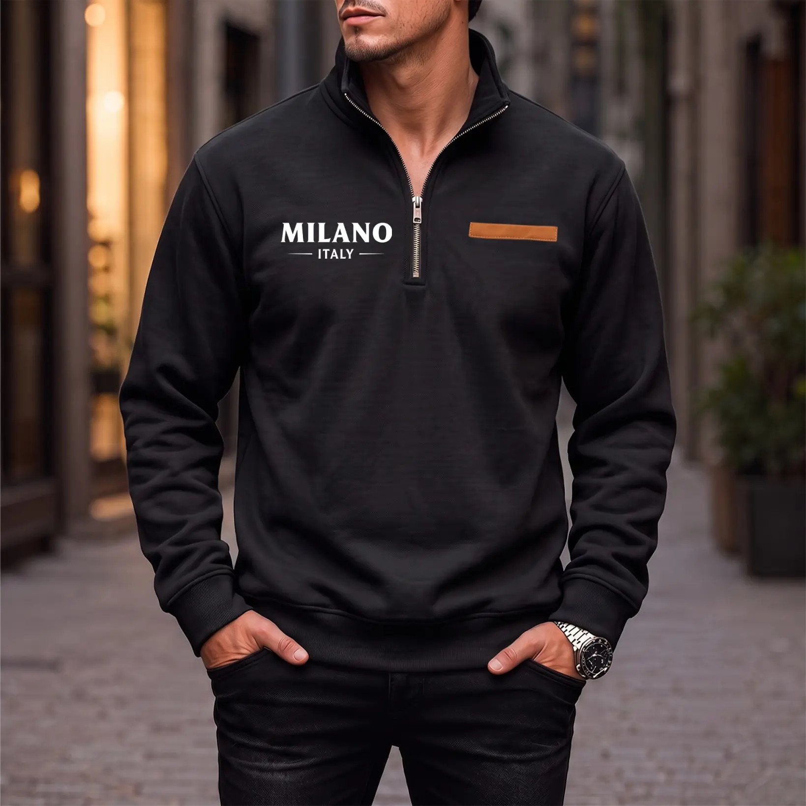 Men's Milano Graphic Quarter Zip Sweatshirt, Soft Fleece Lined Stand Neck Pullover Jacket, Casual Long Sleeve Winter Tops for Daily Wear, Outdoor Sports, Travel and Athleisure Style