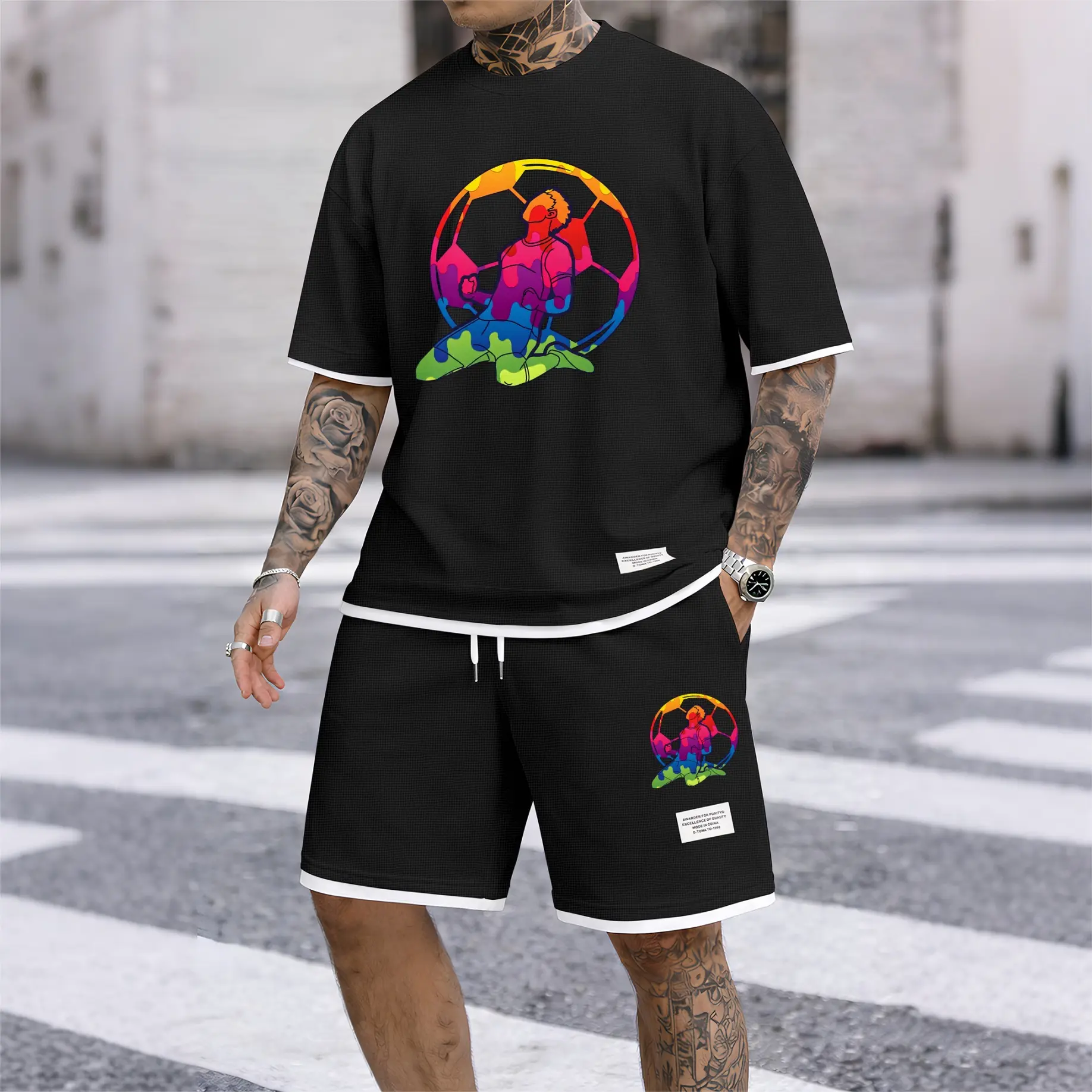 Men’s Graffiti Soccer Player Graphic Waffle Knit Short Sleeve Shirt and Shorts Set, 2 Piece Summer Casual Athletic Outfit with Crew Neck Tee and Drawstring Shorts for Streetwear, Gym, Outdoor, Travel and Daily Wear