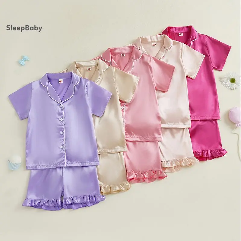 Pajama Loungewear Set for Toddler Girls, 2-Piece Solid 100% Polyester with Short Sleeve Button-Down Top and Ruffled Shorts, Pj Sets, Pajama Outfit, Sleepwear Pajama