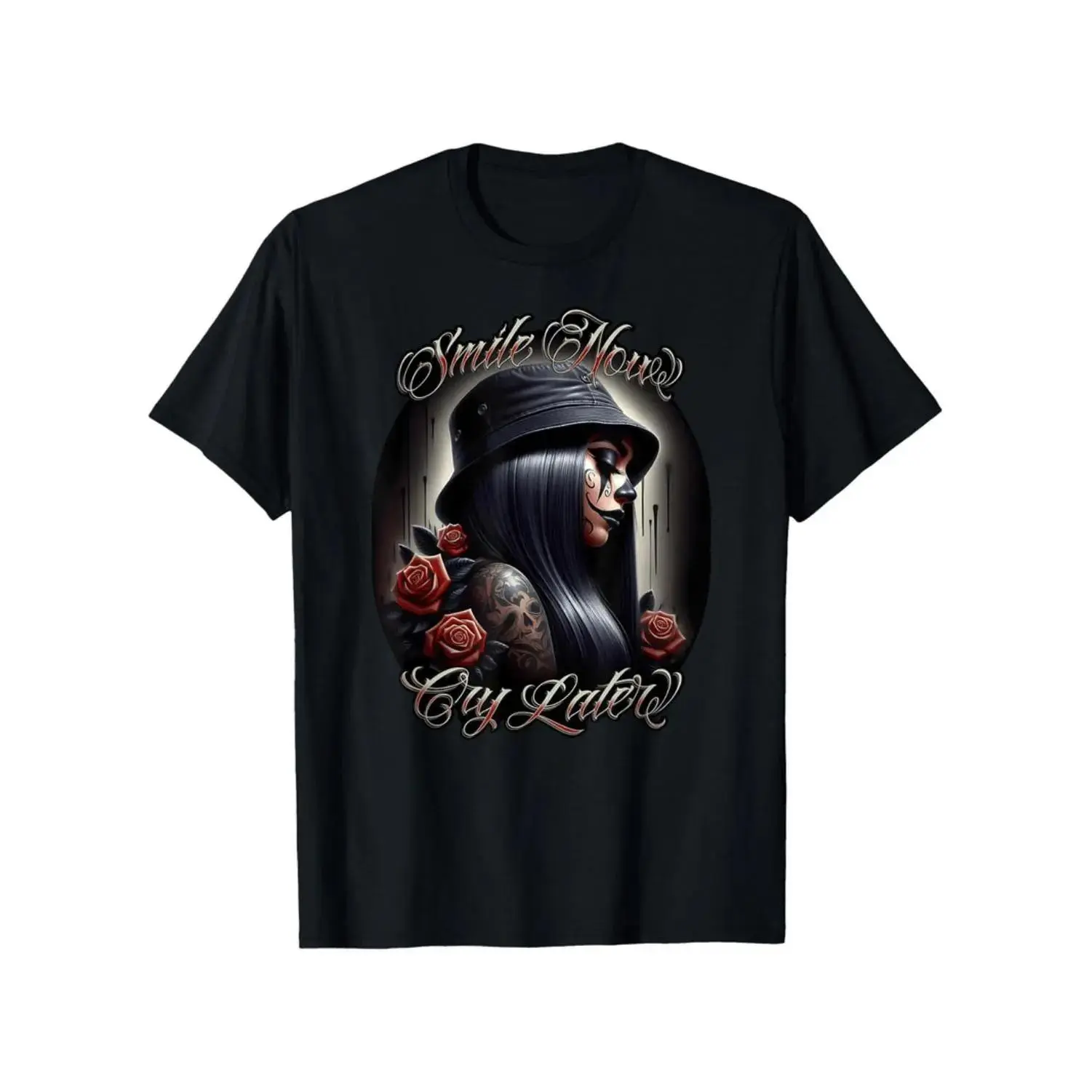 Women's Chicana Vibe Pure Cotton Graphic T-Shirt - Smile Now Cry Later Digital Print, Lightweight Oversized Short-Sleeve Casual Wear Top, Machine Washable Style