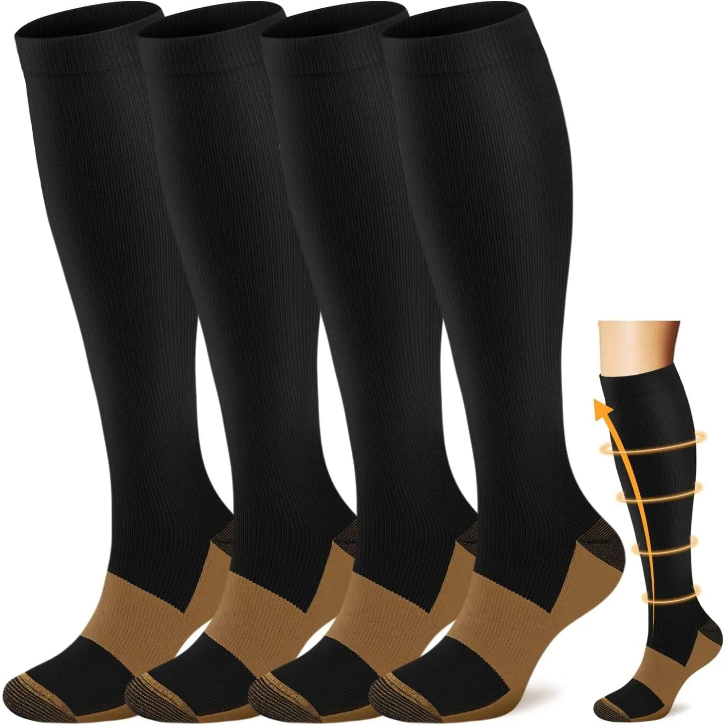 4 Pairs Copper Compression Stockings for Men & Women, Knee-High Support for Running, Biking & Flying, Unisex, Male