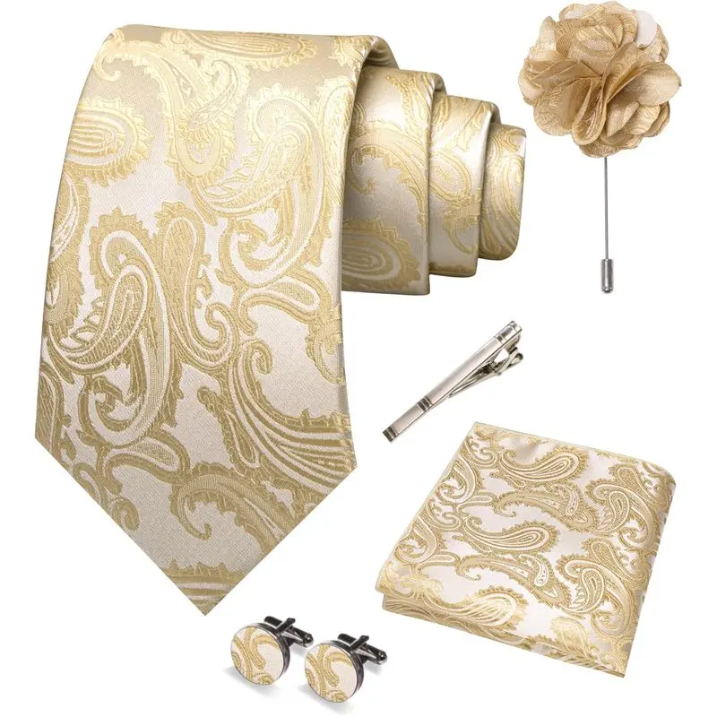 Mens Gold Champagne Paisley Tie Necktie and Pocket Square with Lapel Pin,Cufflinks,Tie Clip Sets 5PCS
