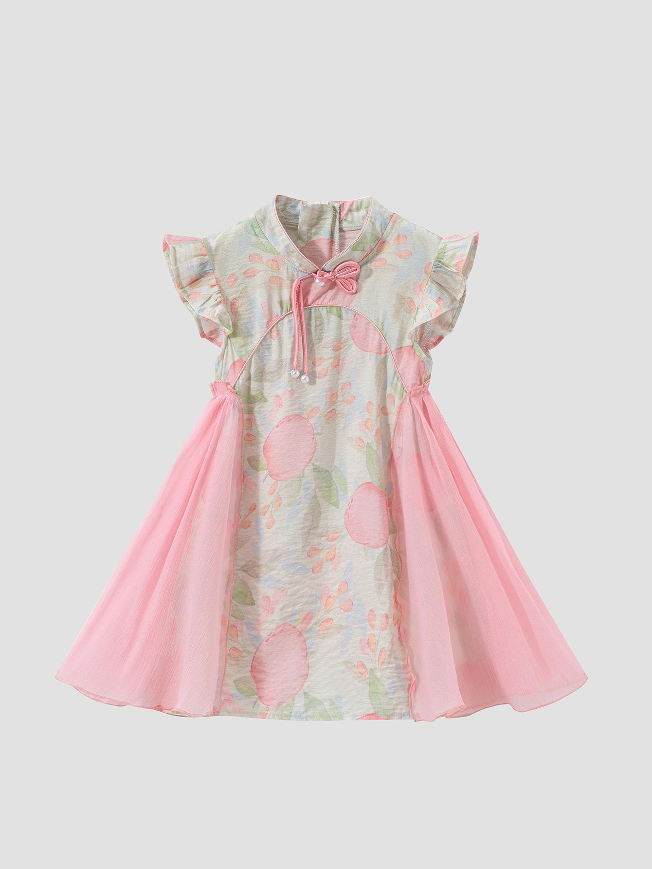 NewNew Cheongsam Dress for Girls Chinese Style Sleeveless Vest with Delicate Flutter Sleeves & Traditional Knot Buttons Ideal for Outdoor Events Festival Shows