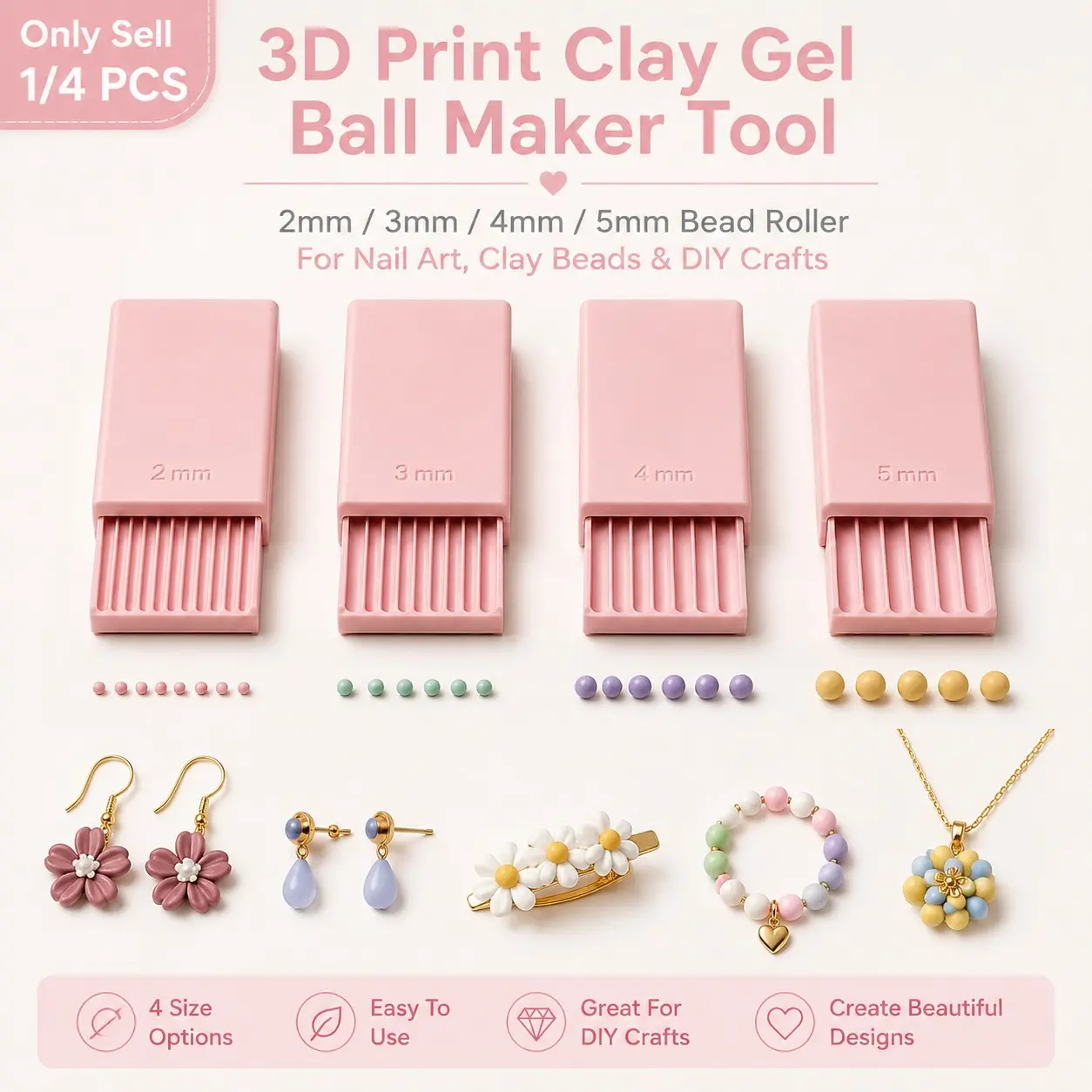 1/4 PCS 3D Print Clay Gel Ball Maker Tool, 2mm/3mm/4mm/5mm Bead Roller Sphere Shaper for Nail Art Gel Flowers, Polymer Clay Beads, Earrings, Jewelry Making and DIY Crafts