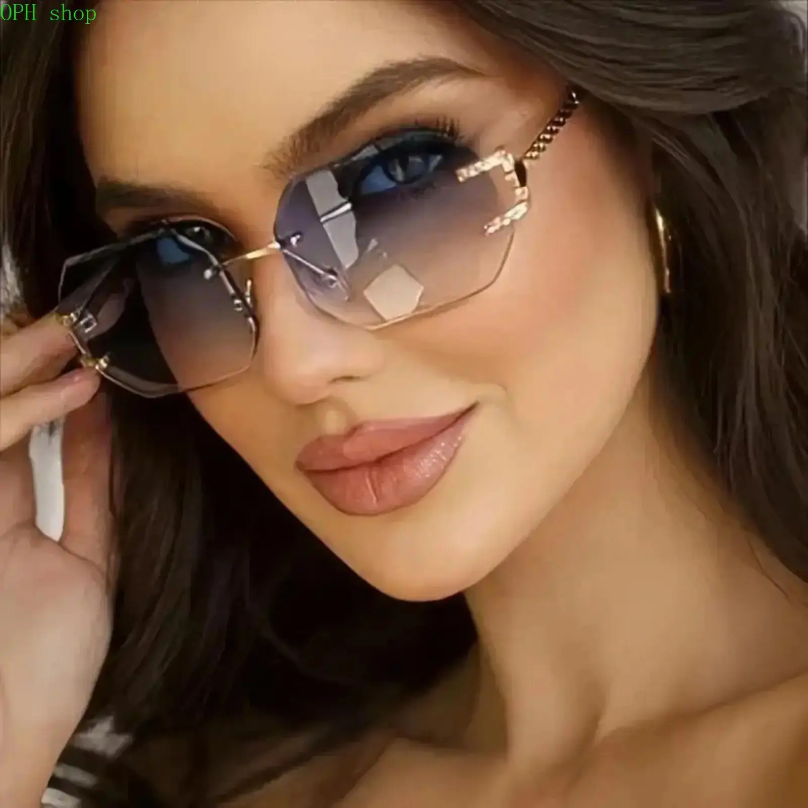 Women's Oversized Rectangular Sunglasses - Semi-Rimless Metal Frame, UV400 Blue Light Filtering Vintage Gradient Lenses, Fashion Eyewear for Driving, Outdoor Activities