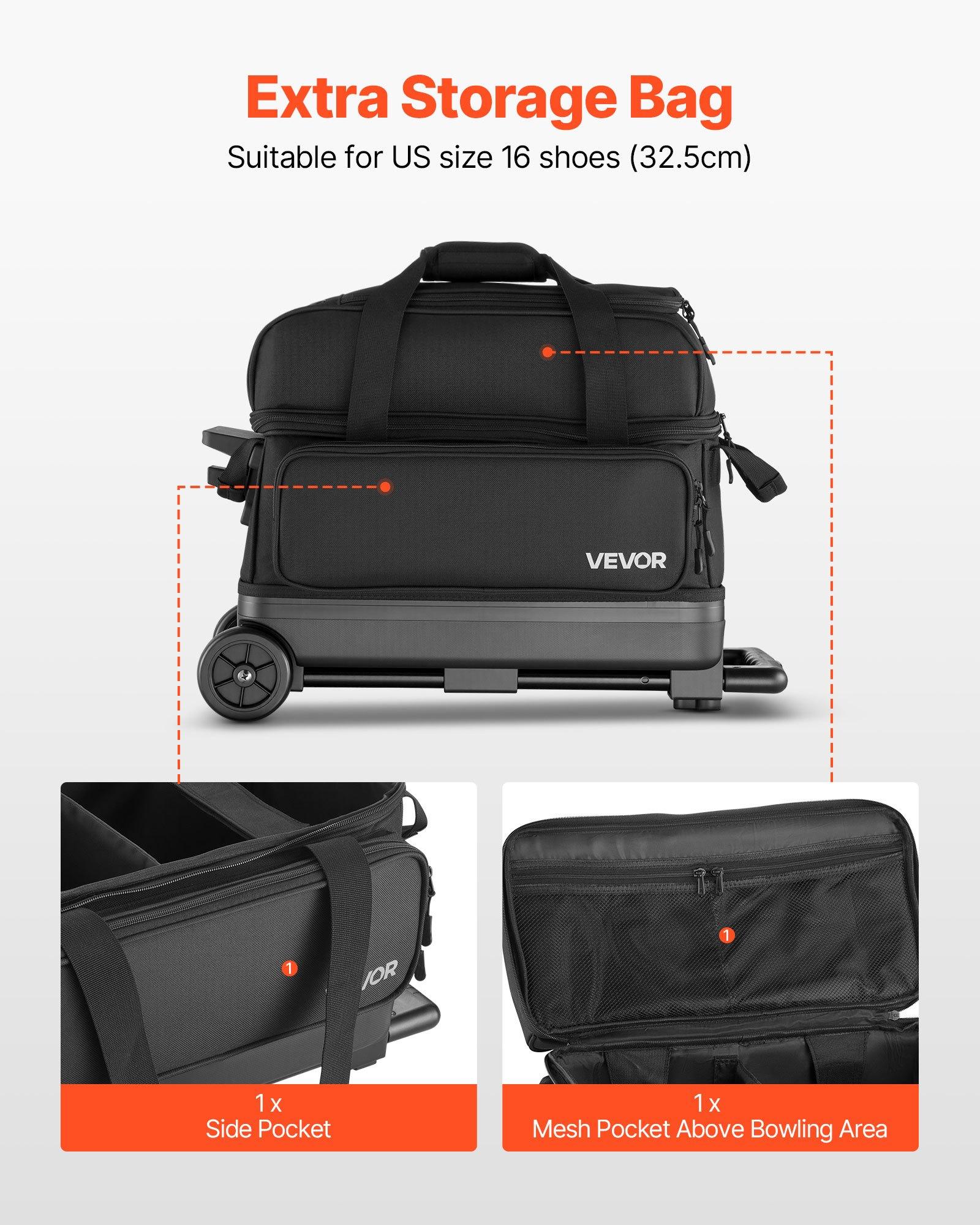 VEVOR Bowling Ball Bag, 2 Ball Double Roller Bowling Bag with Wheels, Featuring a Separate Compartment for Shoes (Up To US Size 16) & Oversized Accessory Pocket, Retractable Handle Extends to 41.32 in