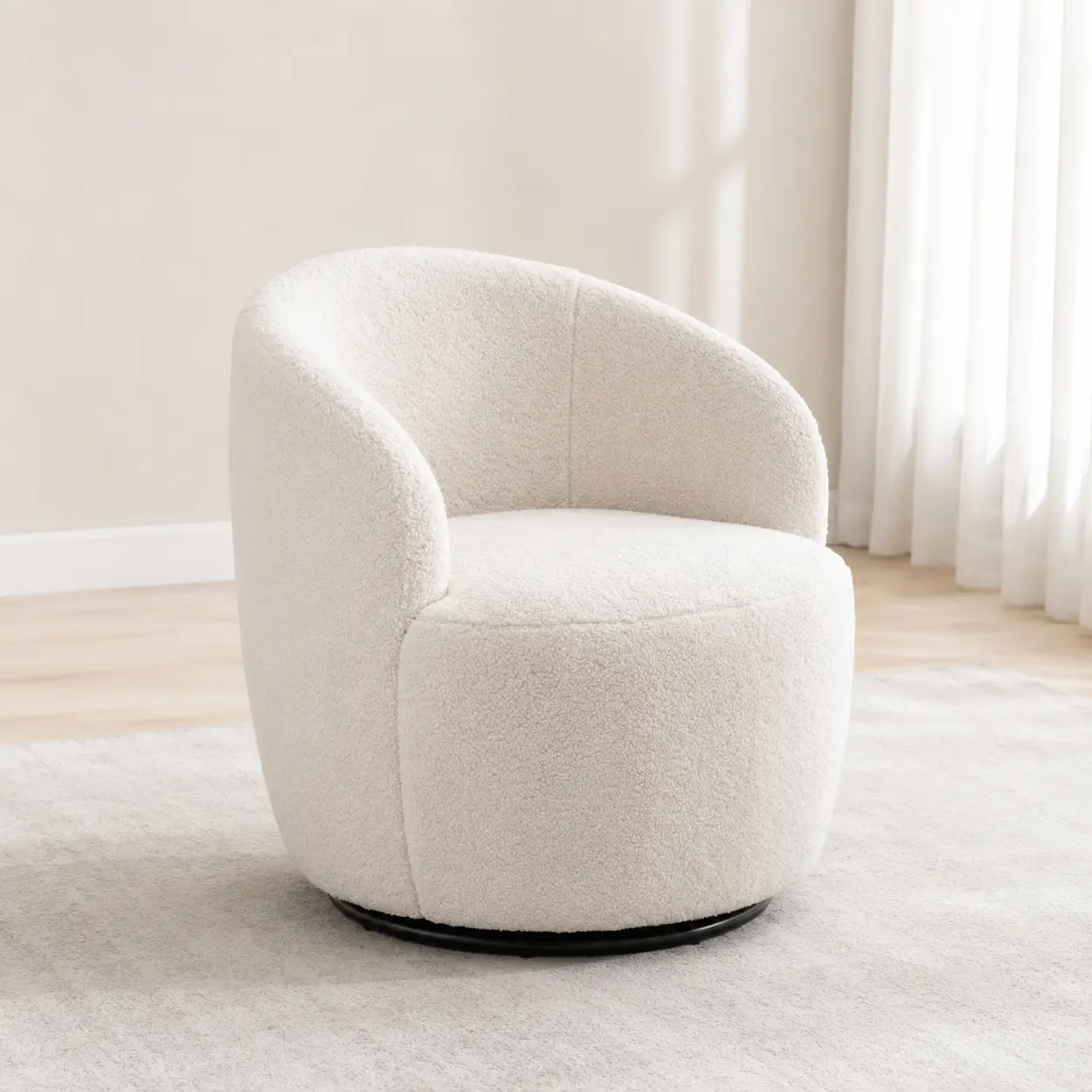 [Fahuac] Ivory White Teddy Fabric Swivel Accent Chair, 360° Barrel Armchair with Black Metal Ring Base, Upholstered Lounge Chair for Living Room, Bedroom, Dining Room, Coffee Shop,man cave, Dining Chairs, Swivel Chairs