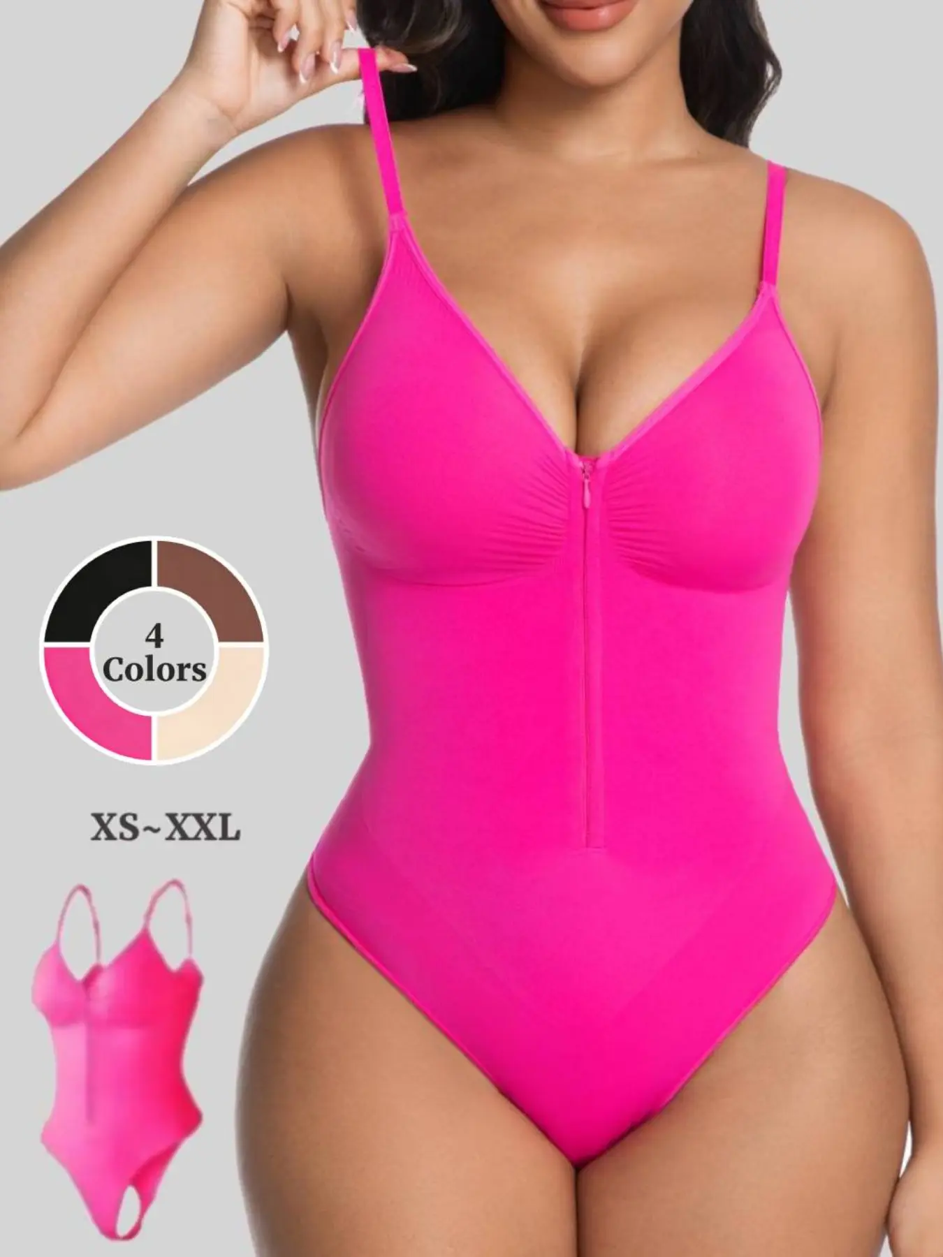 Seamless Shapewear Bodysuit, Heart Neckline, Comfortable Breathable Lingerie, Smooth Zipper Thin Straps Spaghetti Strap, Daily Wear Belly Control