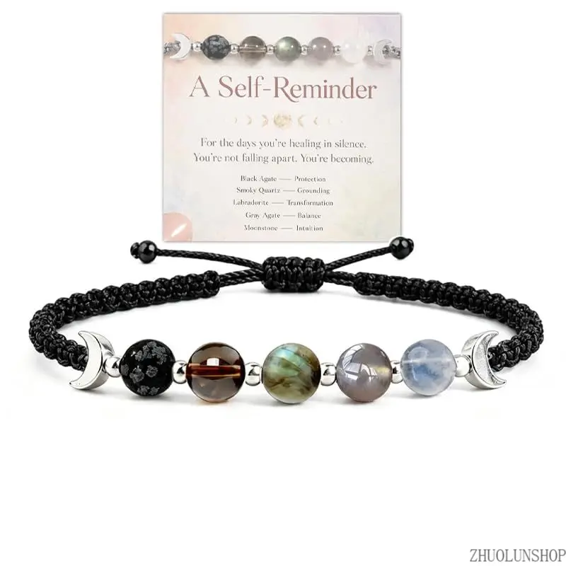 Women's Adjustable Size Braided Beads Natural Healing Stones Wrist Band - Labradorite, Moonstone, Obsidian, Smoky Quartz Moon Phase Bracelet, Calming Energy Jewelry, Perfect Birthday Holiday Gifts anniversary gold-plated trendy fashion kit unisex elegant