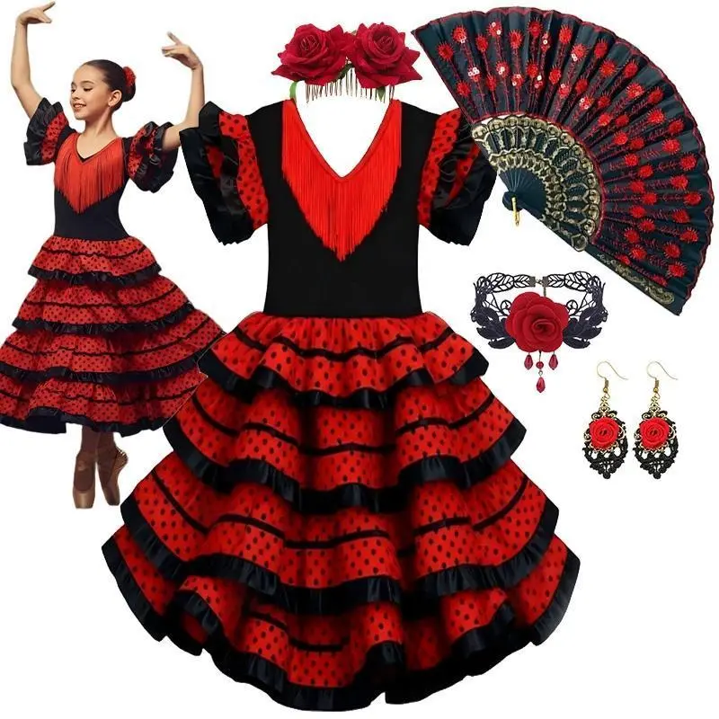 Girls Spanish Flamenco Dress Red Polka Dot Cake Puff Kids Carnival Halloween Party Stage Show Cosplay Festival Dance Costume