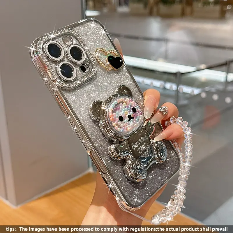 Anti-Drop Phone Case Cover with Bear Stand and Beaded Bracelet, Rhinestone Design, Fits iPhone 17 Pro Max, 17, 17 Pro, 16 Pro Max, More Models, Rhinestone Smartphone Shell
