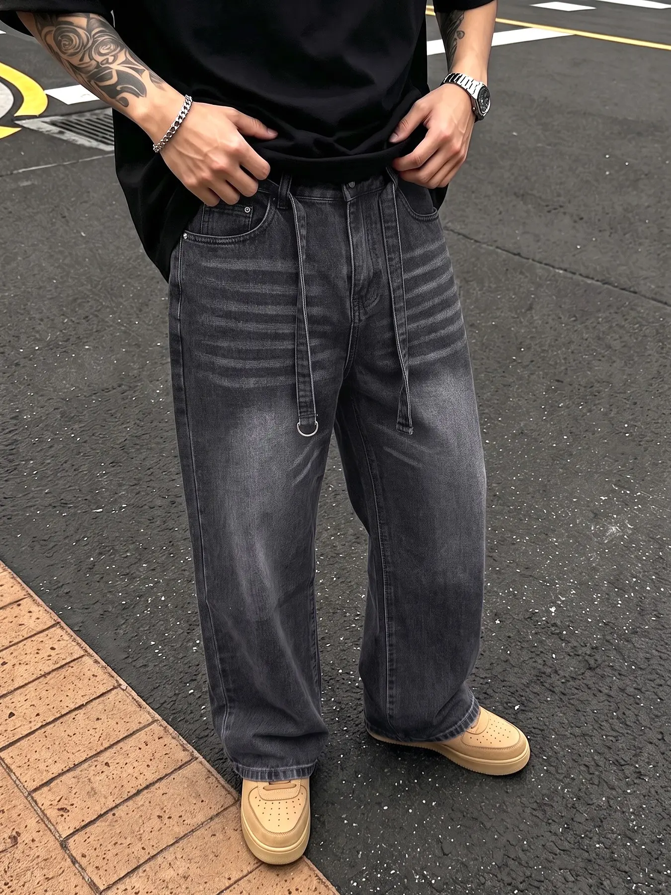 Men's Black Wide-Leg Pants,  Belt Cuffed Straight-Leg Pants Wide-Leg Pants, Washed Vintage High Street Style, Men's Y2K Retro Black Wide-Leg Denim Jeans, Essential Social Media Boyfriend Style Streetwear, Fashion Menswear,Multiple Colors Available