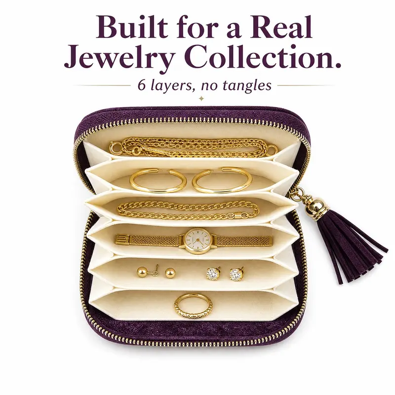 6-Layer Travel Jewelry Bag, Jewelry Travel Organizer, Compact Zipper Closure with Fringe Decor, Ideal for Rings, Earrings, Bracelets, Perfect Gift for Birthdays, Weddings, Christmas