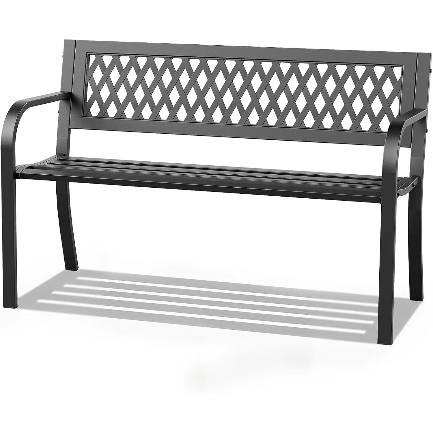 FURNIEDGE Industrial Look Metal Frame Rectangular Garden Bench, 2-3 Seats, Fixed Arms, Backrest, 500 lbs Load, Weatherproof Black Outdoor Patio Bench for Porch, Yard