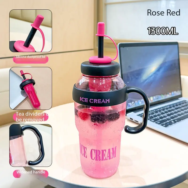 Summer ICE CREAM Large Handle Water Bottle With Fruit Infuser Basket Straw Lid Leakproof Clear Tumbler Heat Cold Resistant Portable Cold Drink Cup Drinkware For Outdoor Office Gym