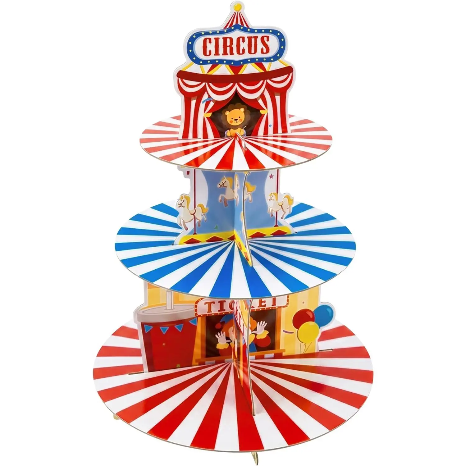 Carnival Cupcake Stand - 3 Tier Red Blue Stripes Circus Clown Cupcake Tower Cardboard Dessert Holder Pastry Platter for  Birthday  Shower Carnival Circus Party Table Decoration