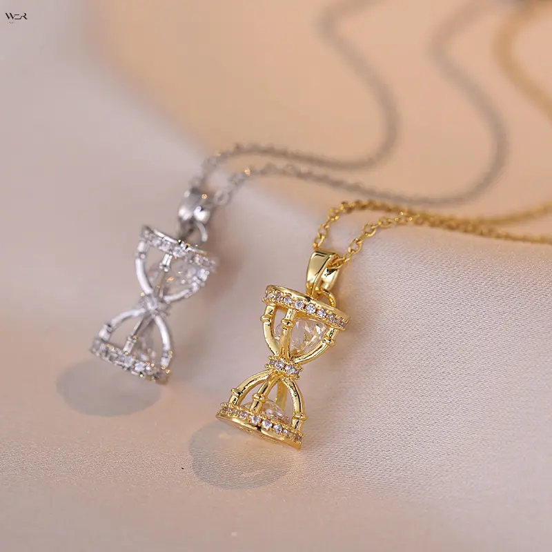 Paved Cubic Zirconia Hourglass Necklace for Women, Dainty Time-Themed Pendant on Adjustable Gold or Silver Chain, Minimalist Romantic Gift, Necklaces For Women, Paved Gems, Sparkling Stones, Women's Fashion, Adjustable Length