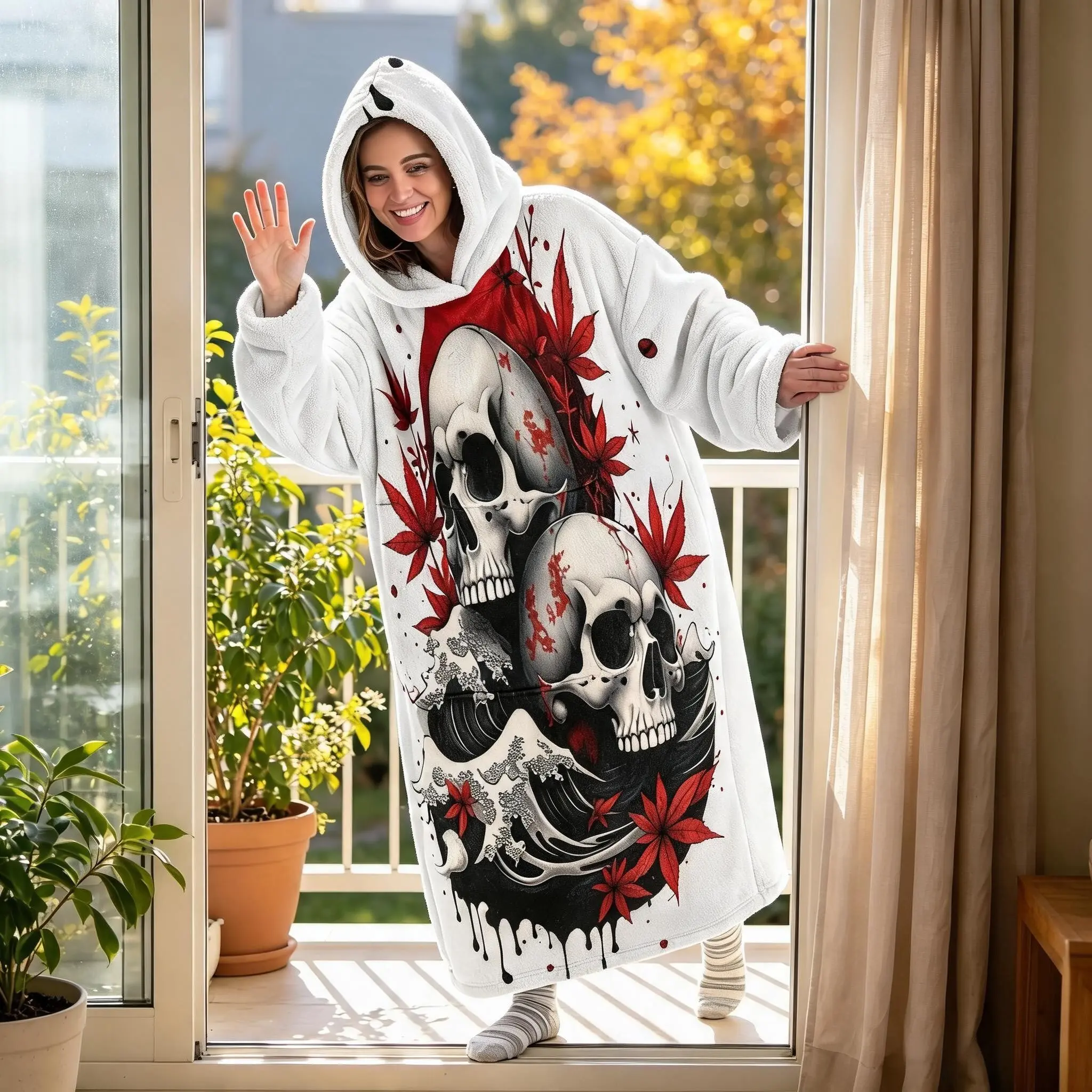 1pc Flannel Hooded Wearable Blanket, Maple Leaf Skeleton Print, Thick Soft Warm Cape, Unique Dark Halloween Gift