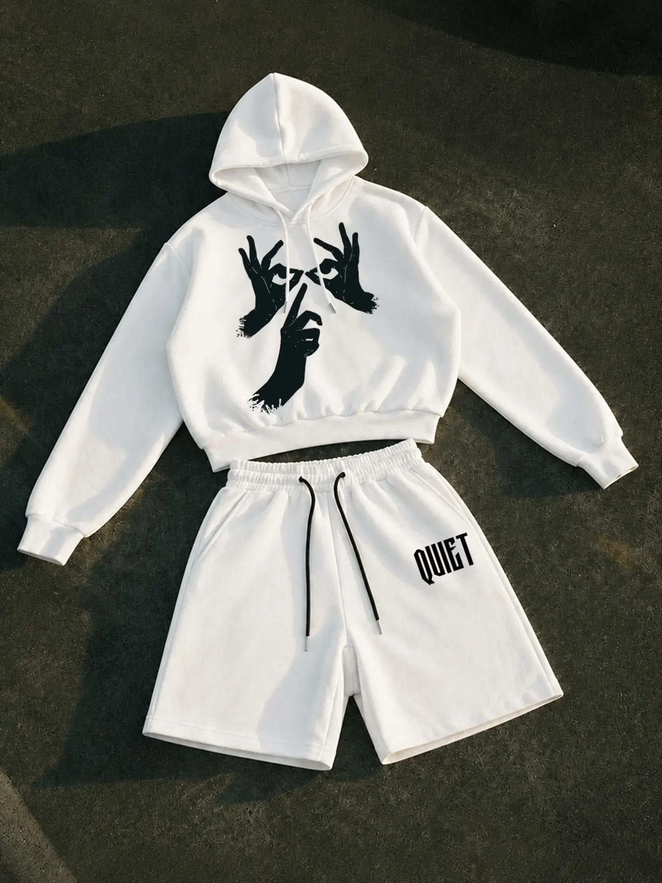 2 Pcs Men's Tracksuit Set (1 Pc Pullover Hoodie & 1 Pc Shorts) Y2K Hand Gesture Graphic Printed Quiet Letter Drawstring Loose Casual Streetwear