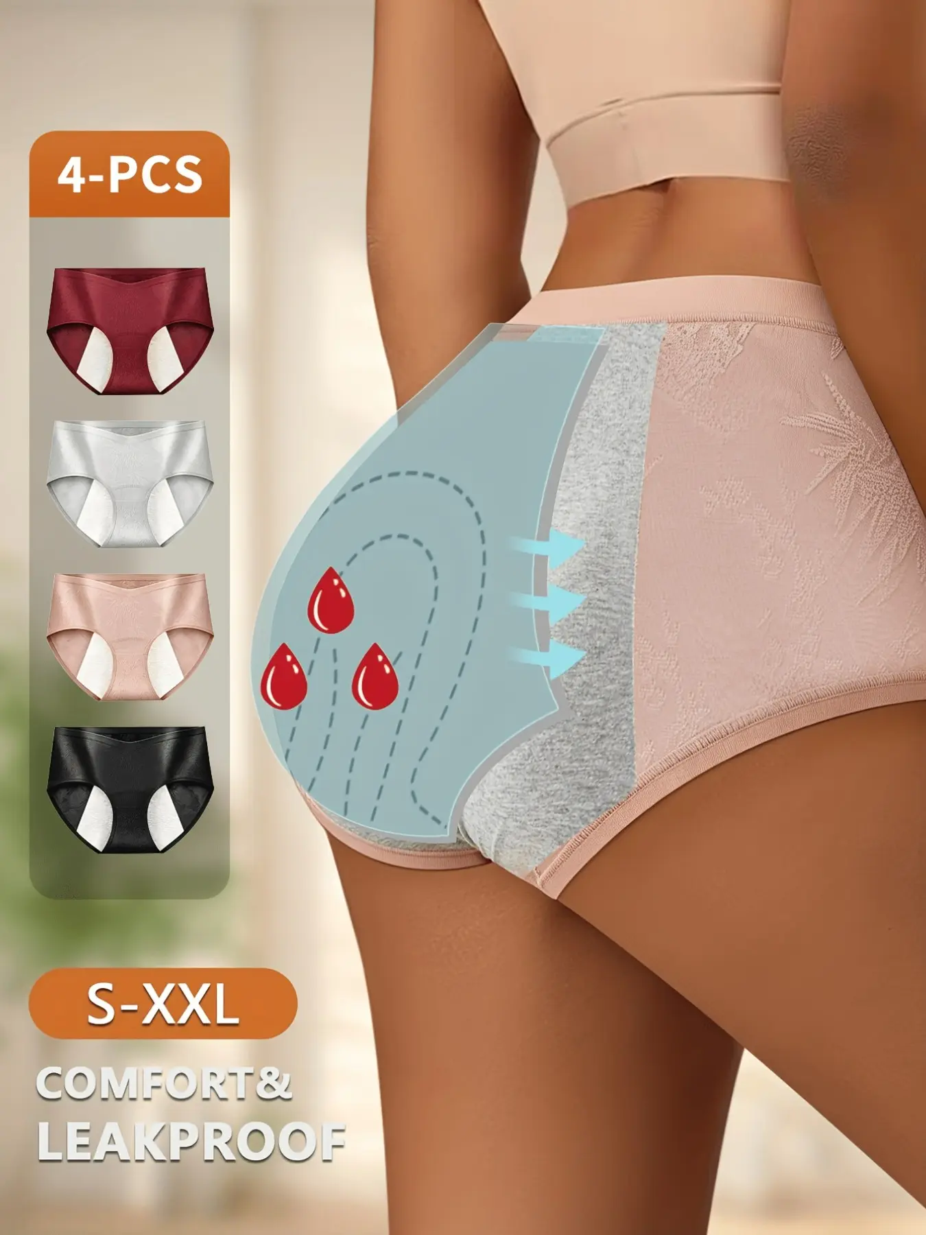 4pcs Breathable Comfortable Underwear, High Elastic Leak-Proof Period Pants, Leak Proof Panties, Traditional Pattern Triangle Shorts, Active Women All-Day Safety