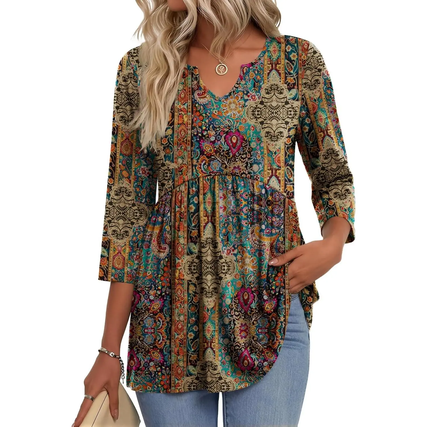 Women's Fitted 3/4-Sleeve V-Neck Dressy Casual Blouses, Summer Fashion Clothing Outfits