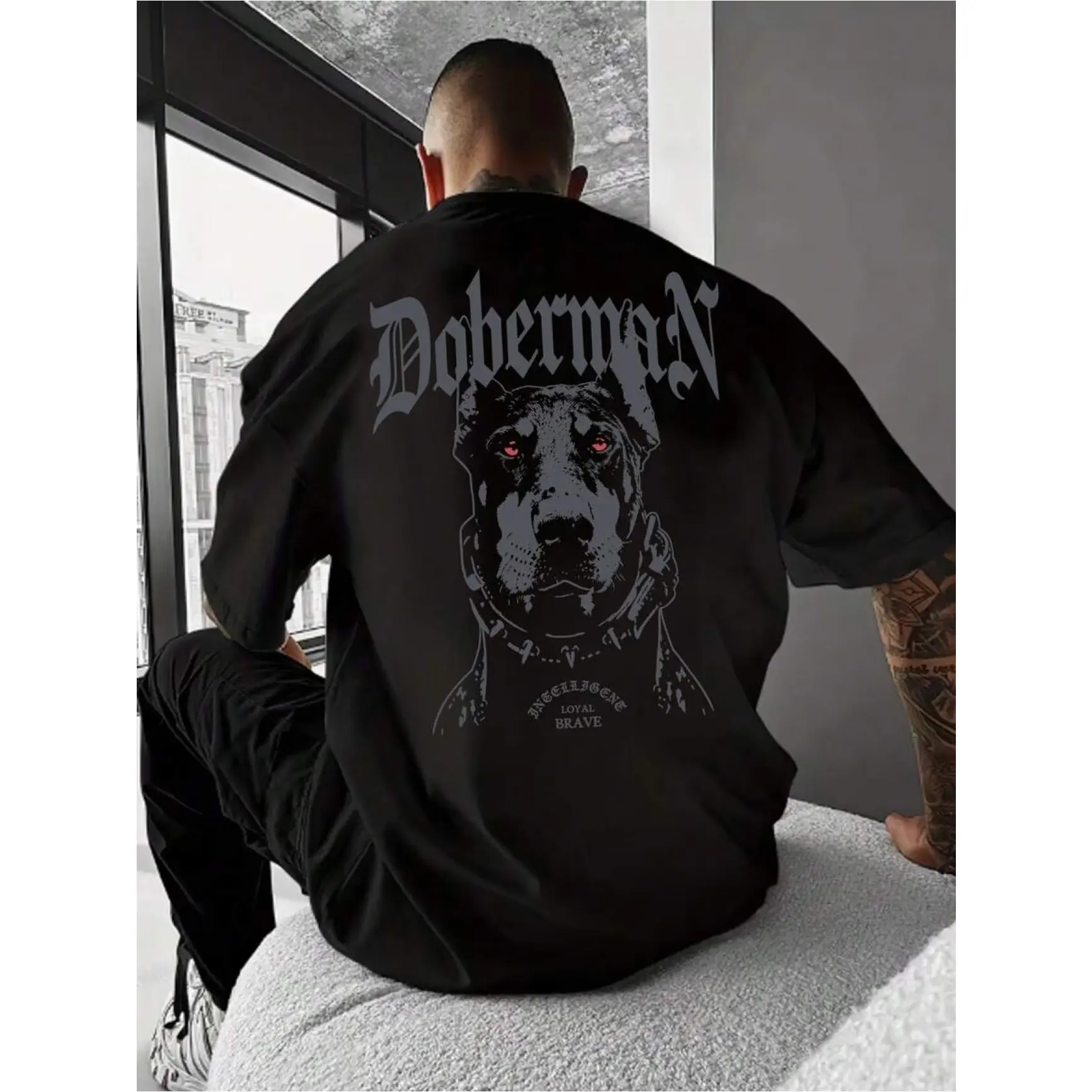 Doberman Dog Portrait Graphic Oversized Cotton Tee, Fashion Comfort Casual Street Outfit, Perfect Holiday Birthday Gift for Dog Lovers Him Friends Family