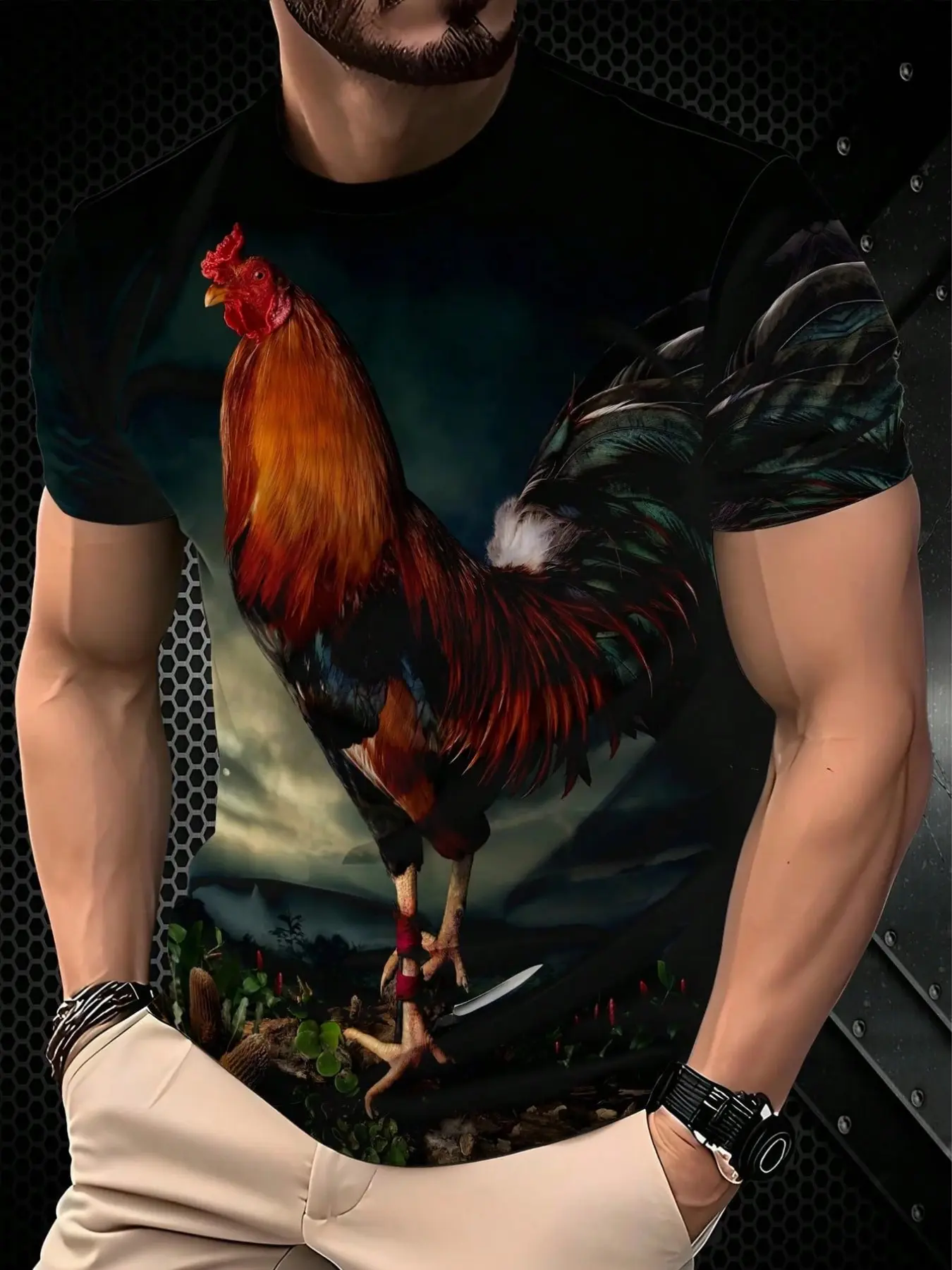 Men's 3D Outstretched Rooster Graphic Aesthetics T-Shirt, Menswear Casual Summer Streetwear, Breathable Loose-Fit Fabric Top, short Sleeve, Round Neck, All-Season Wear